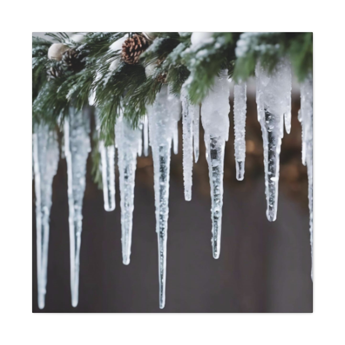 Winter Icicles Pine Branch Canvas Art: Holiday Home Decor, Stretched, 1.25"