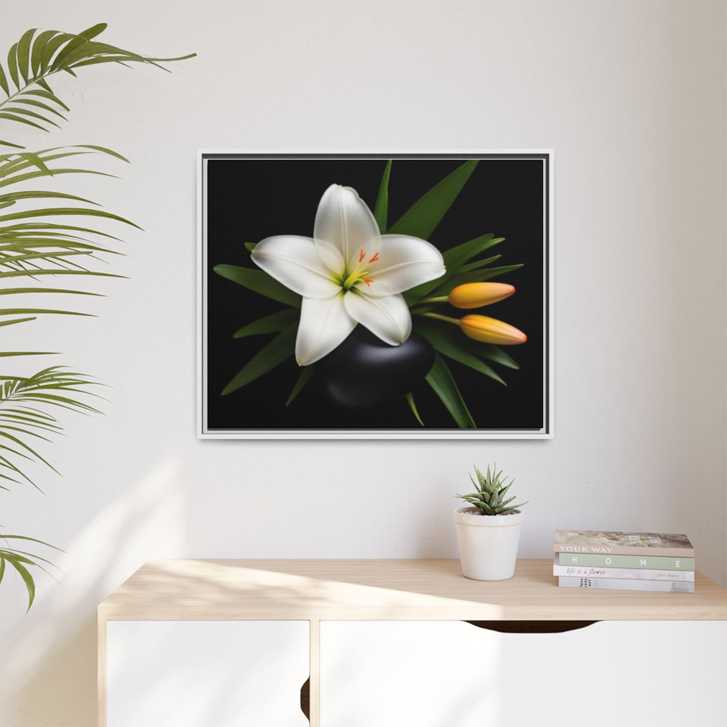White Lily Wall Art Canvas Print Framed | Elegant Floral Wall Decor for Bedroom, Living Room, Bathroom