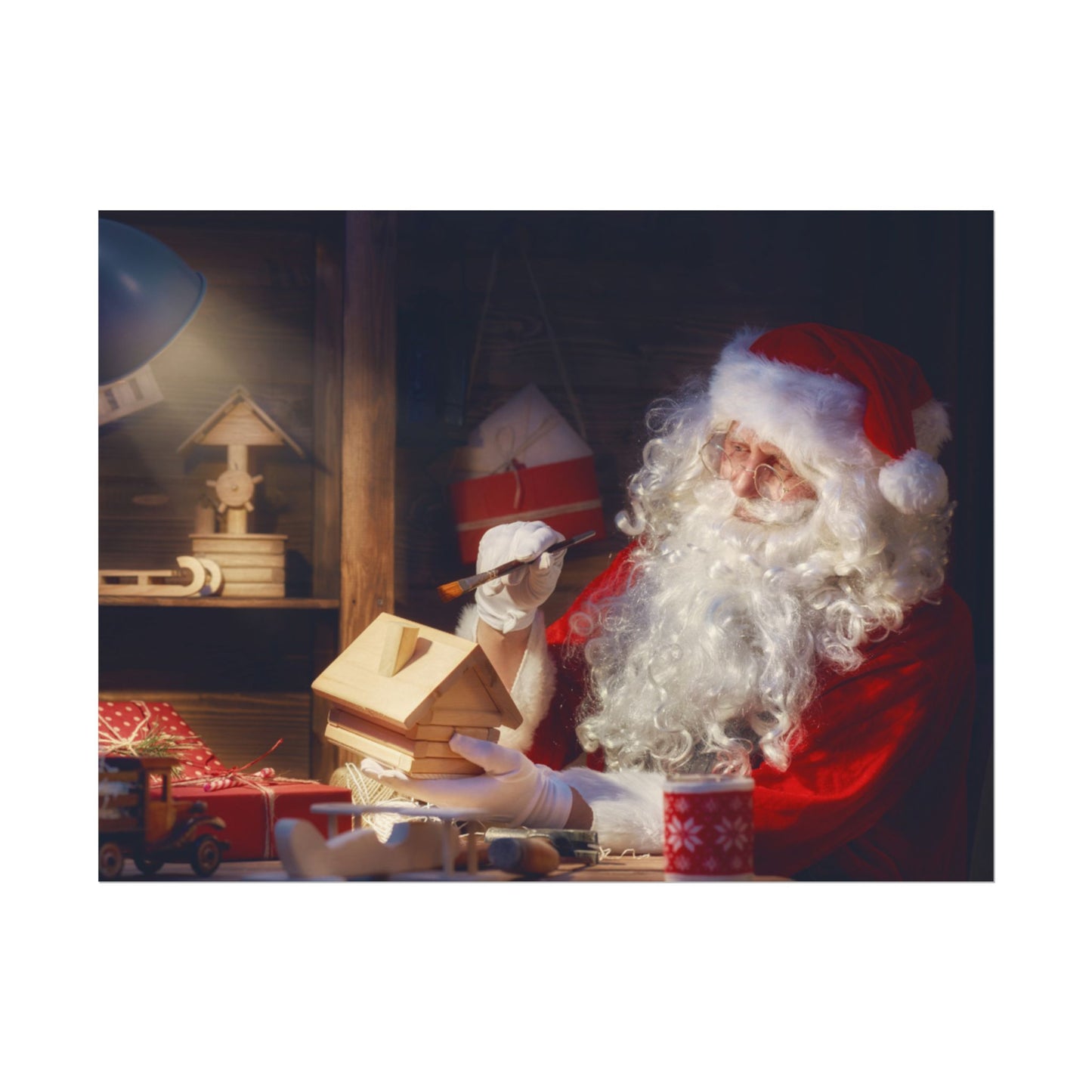 Santa's Workshop Poster, Christmas Wall Art of Santa Making Toys, Vintage Holiday Print, Santa Claus in Toy Shop, Festive Christmas Poster