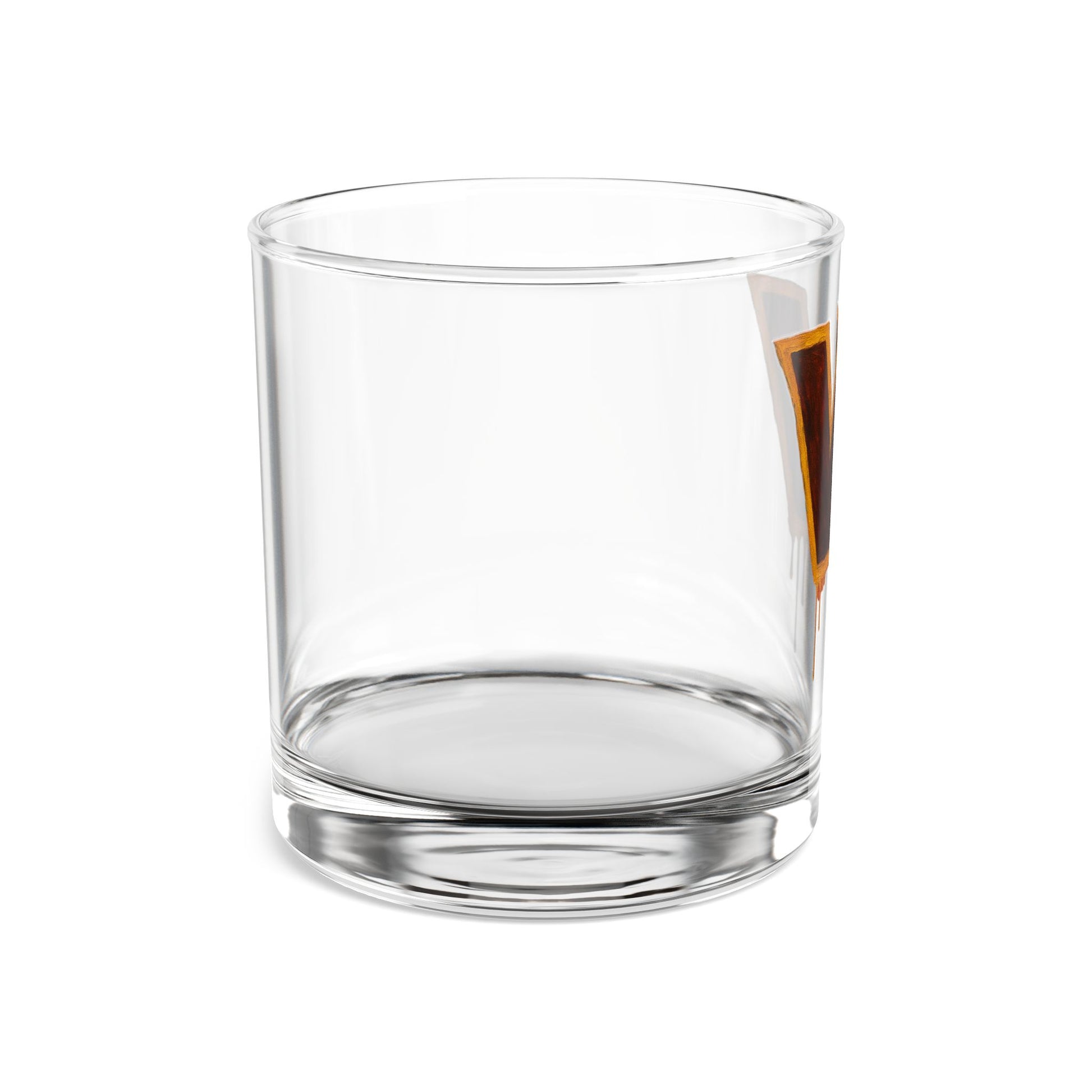 Clear glass tumbler with a small logo on a white background