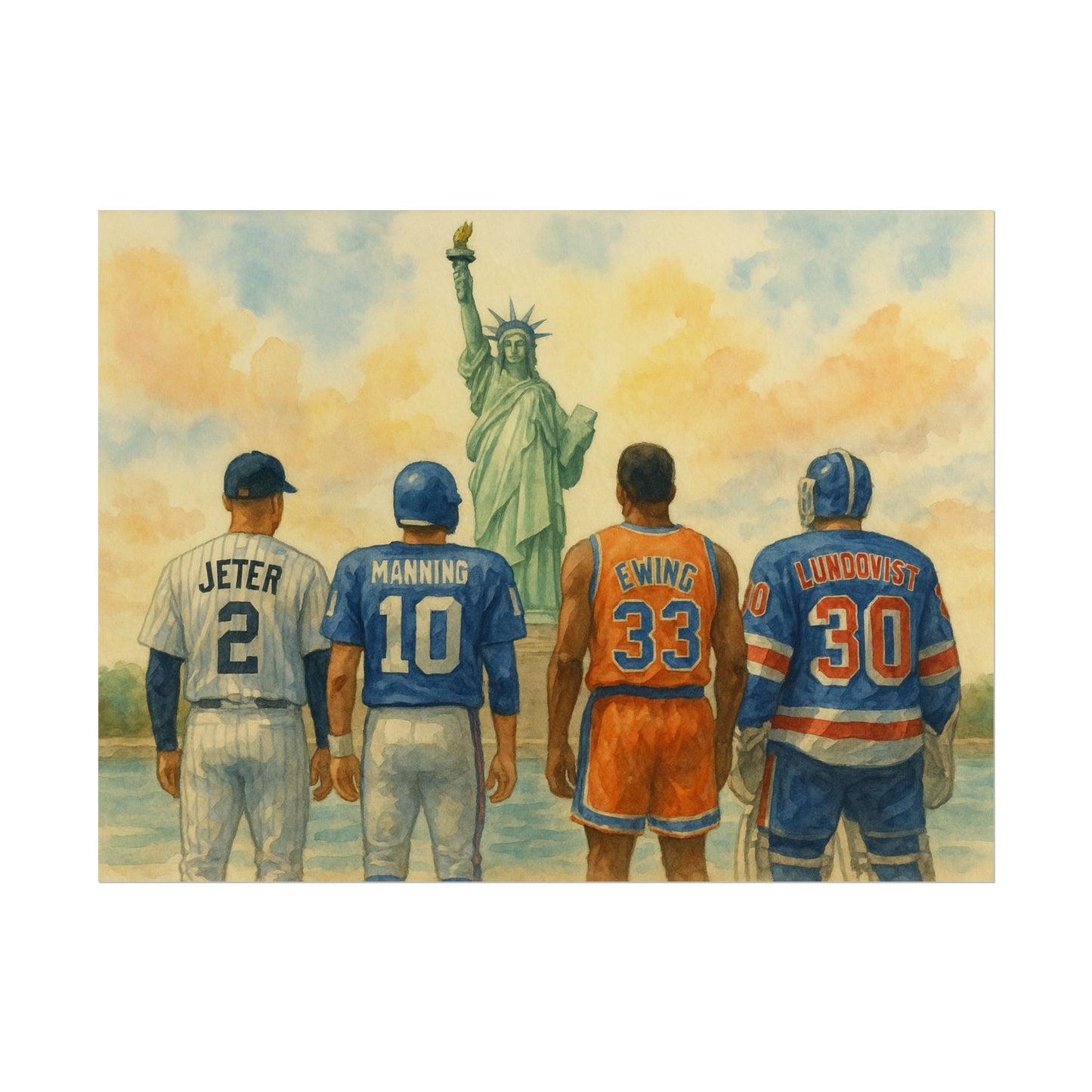 Four New York sports legends in  jerseys standing in front of the Statue of Liberty.