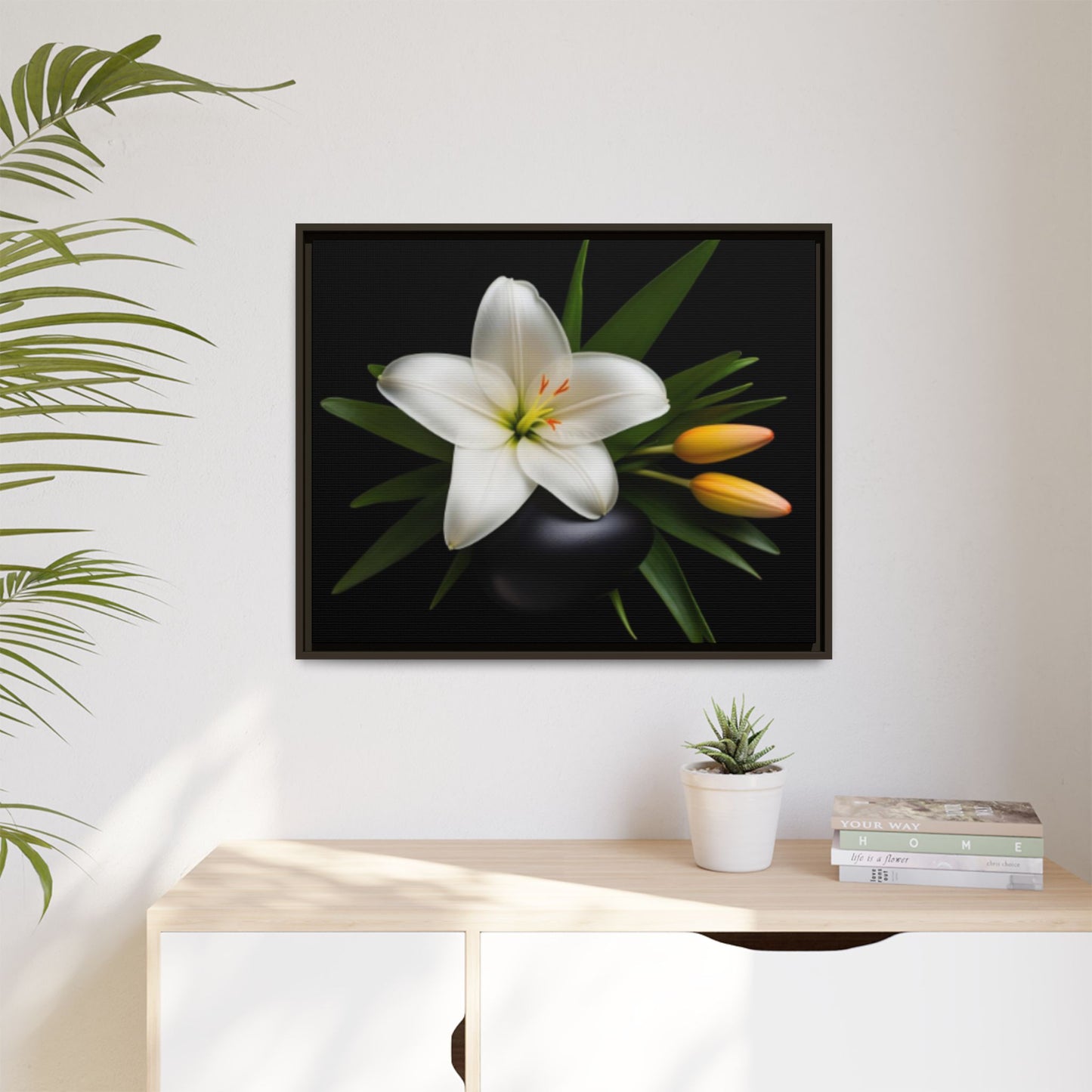 White Lily Wall Art Canvas Print Framed | Elegant Floral Wall Decor for Bedroom, Living Room, Bathroom