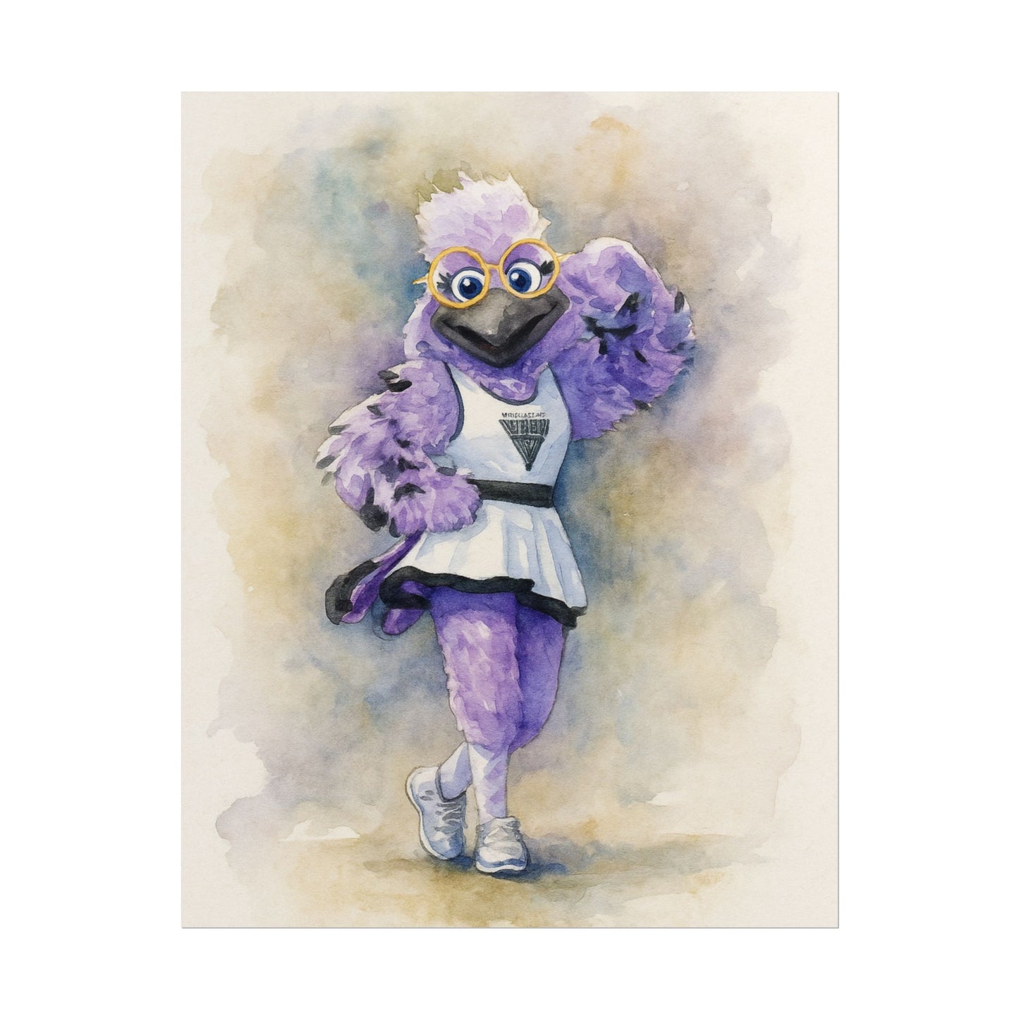Illustration of a Violet Raven character with glasses and a white outfit on a beige background
