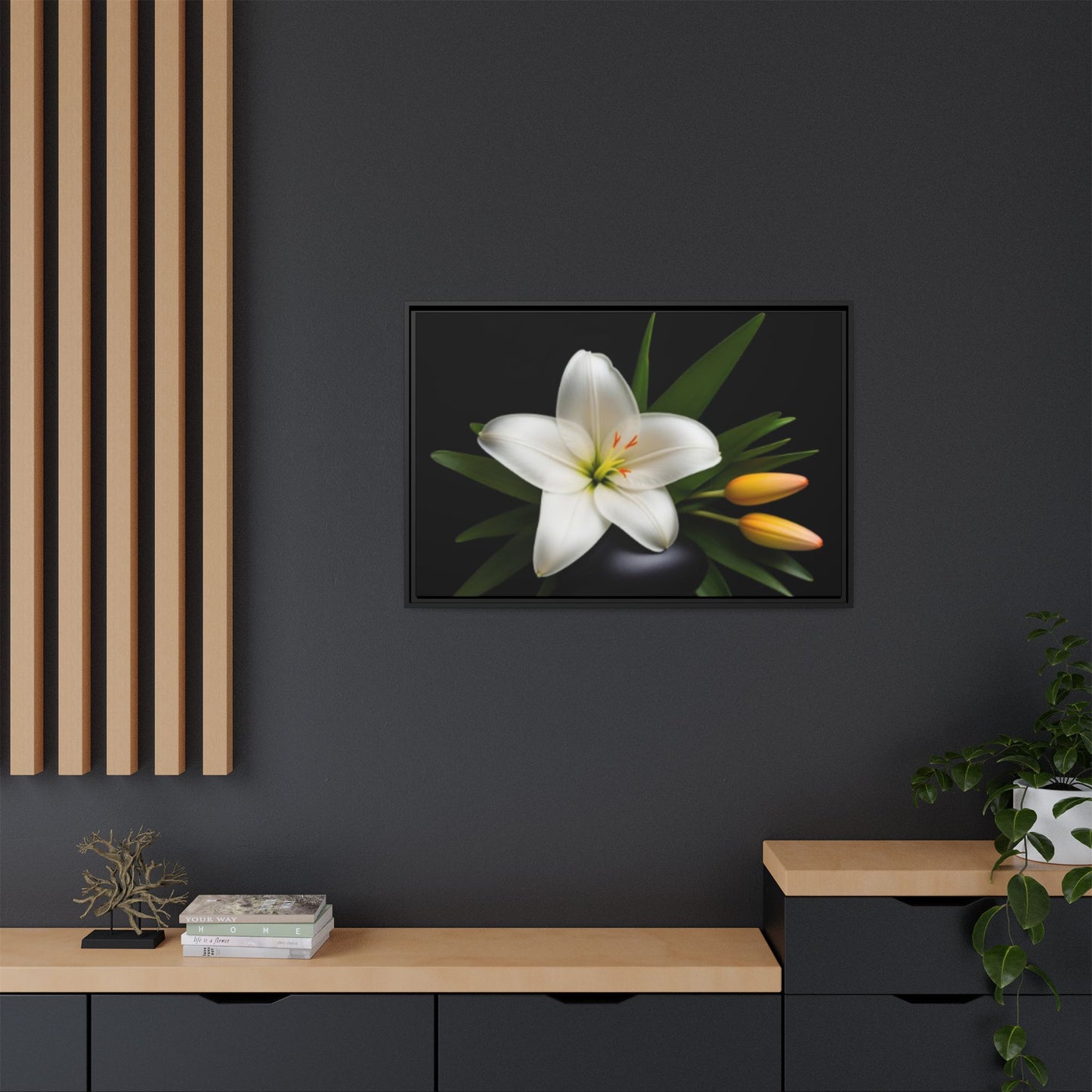 White Lily Wall Art Canvas Print Framed | Elegant Floral Wall Decor for Bedroom, Living Room, Bathroom