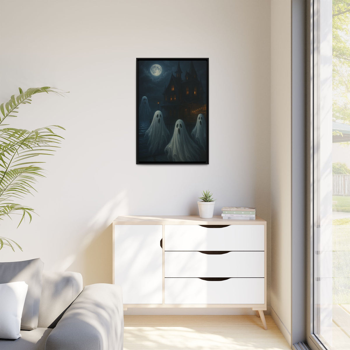 Haunted House Ghost Canvas Wall Art – Spooky Halloween Framed Art, Vintage Horror Decor, Gothic Night Scene Print