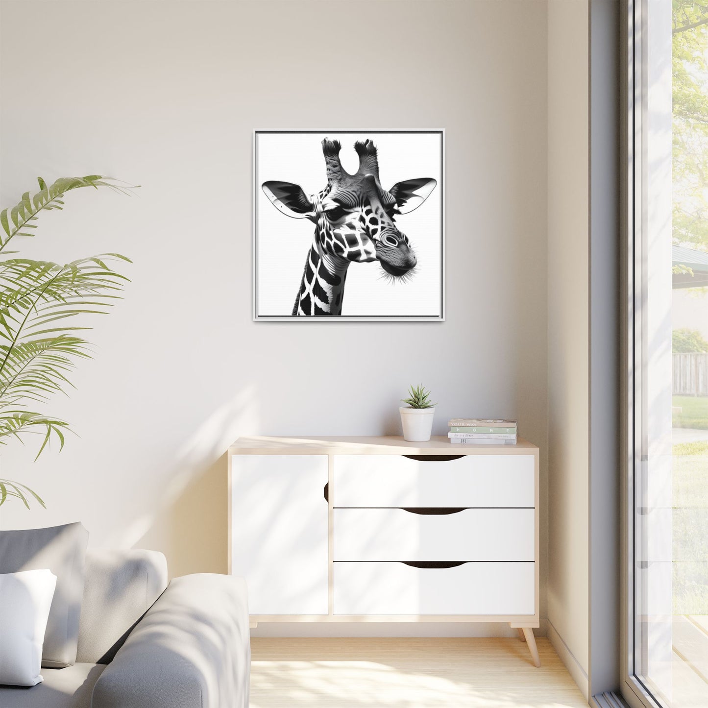 Black and White Giraffe Wall Art – Framed Safari Animal Canvas Print