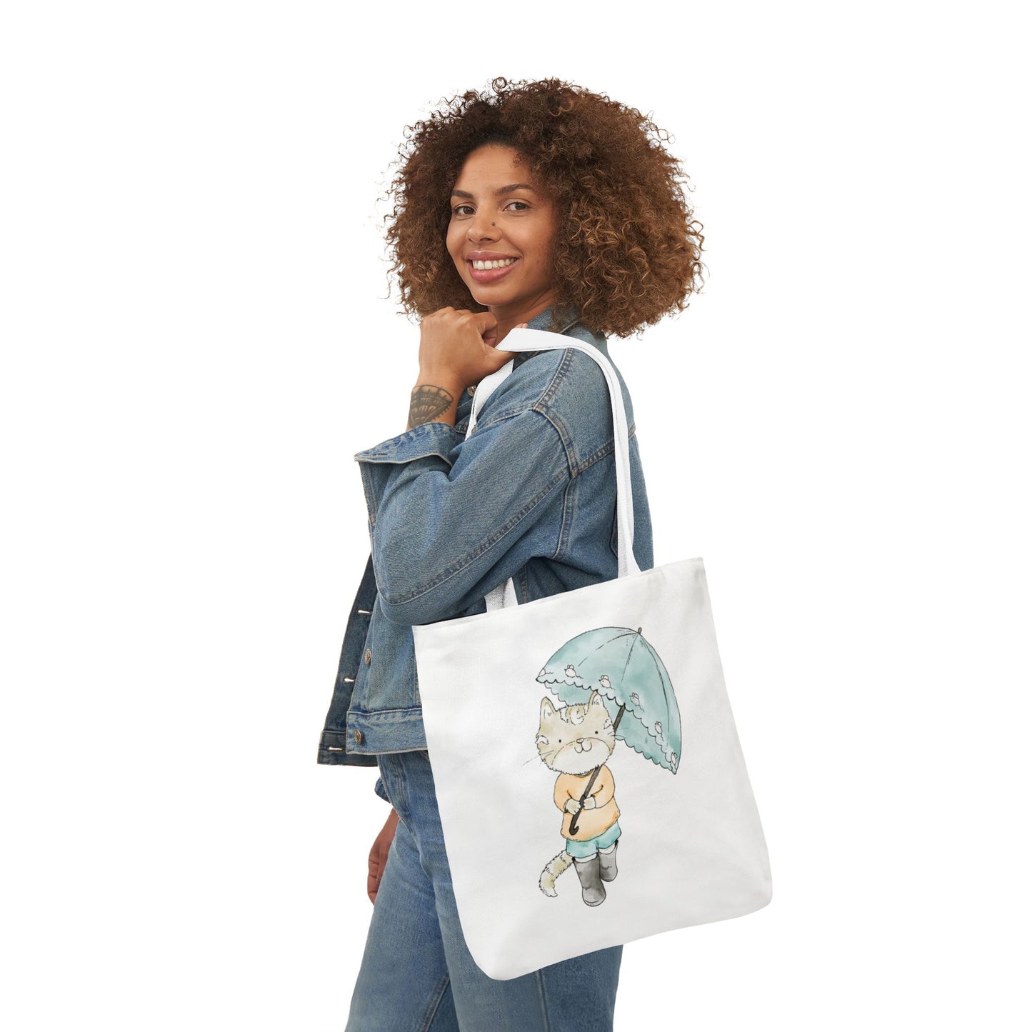 Cat Lover Tote Bag Cute Kitty with Umbrella Rain Boots Cat Lover Eco Tote Bag