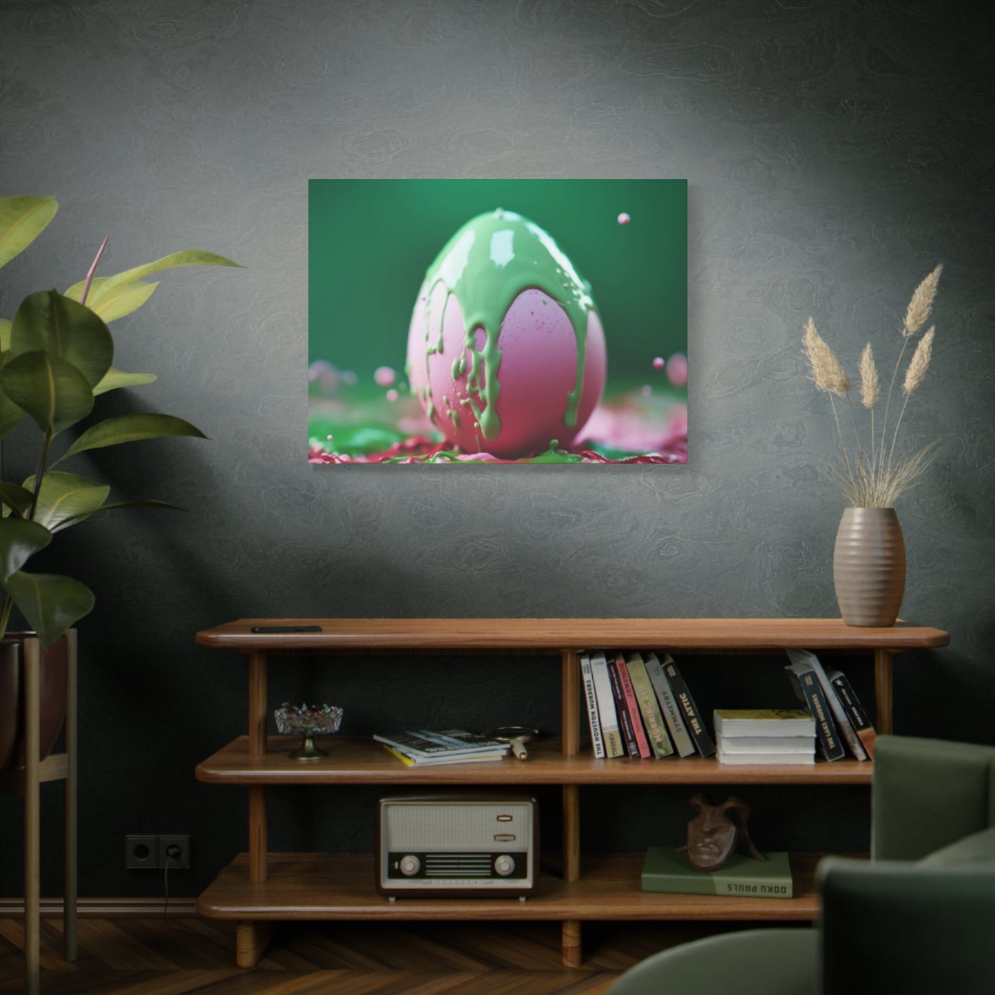 Canvas Wall or Mantle Art Pink Easter Egg with Green Paint Spring Home Decor