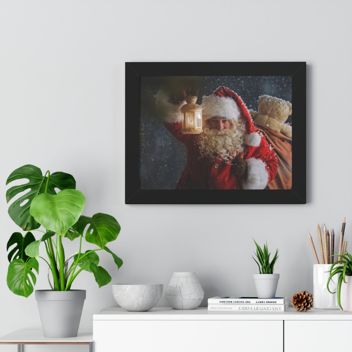 Christmas Wall Art Vintage Santa Claus with Lantern and Toy Bag | Vintage Mantle Art