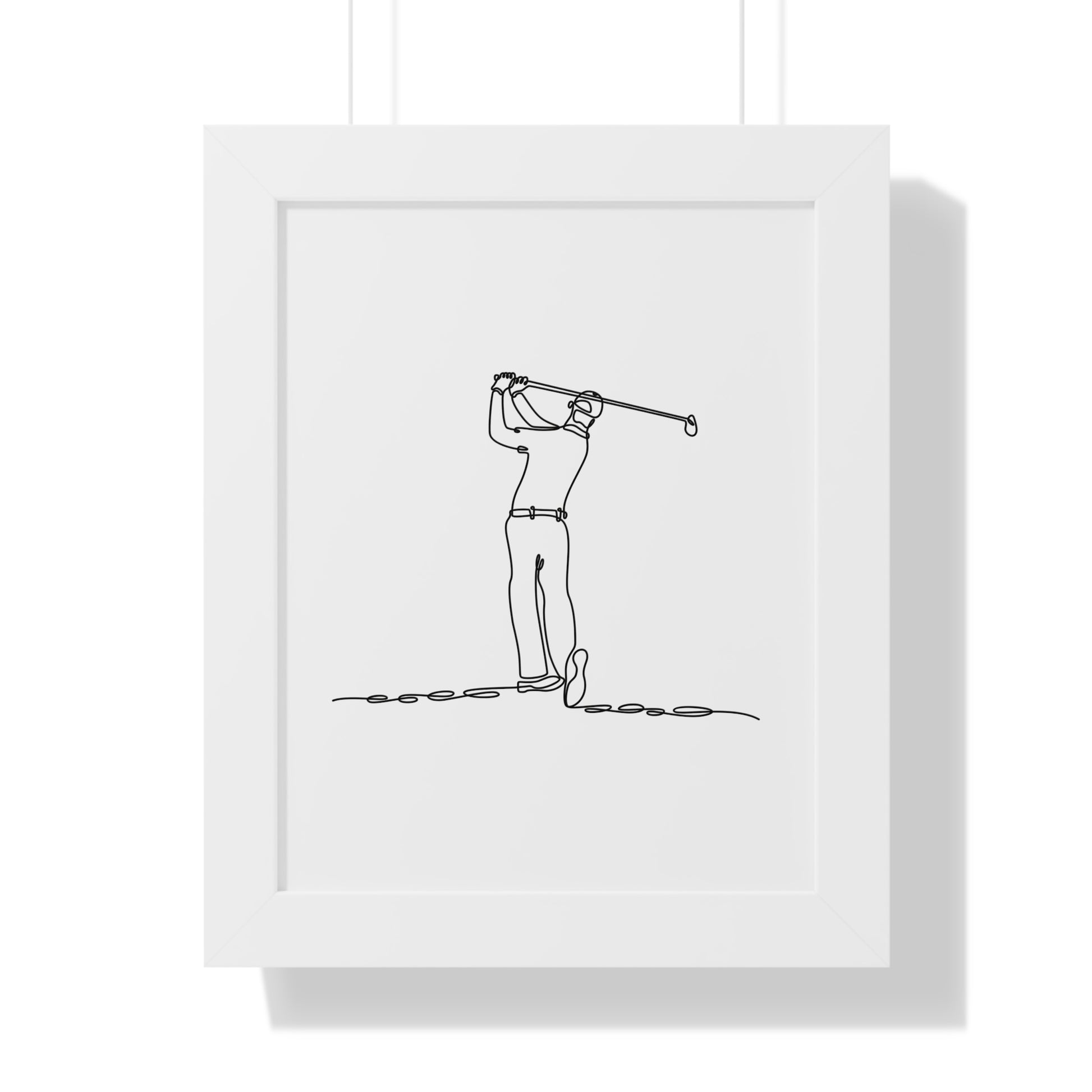 Framed artwork of a line drawing of a golfer in a white frame.