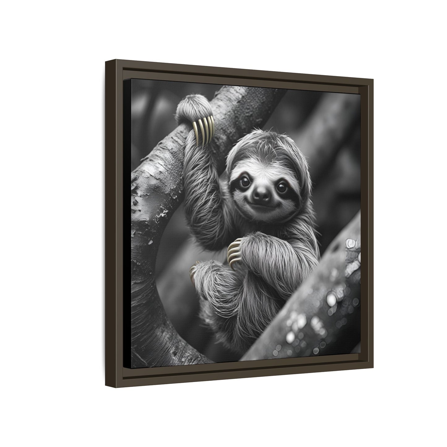 Smiling Sloth Hanging on Tree Branch Wall Art on Framed Canvas, Sloth Lover Gift, Nursery Decor, Wildlife Artwork
