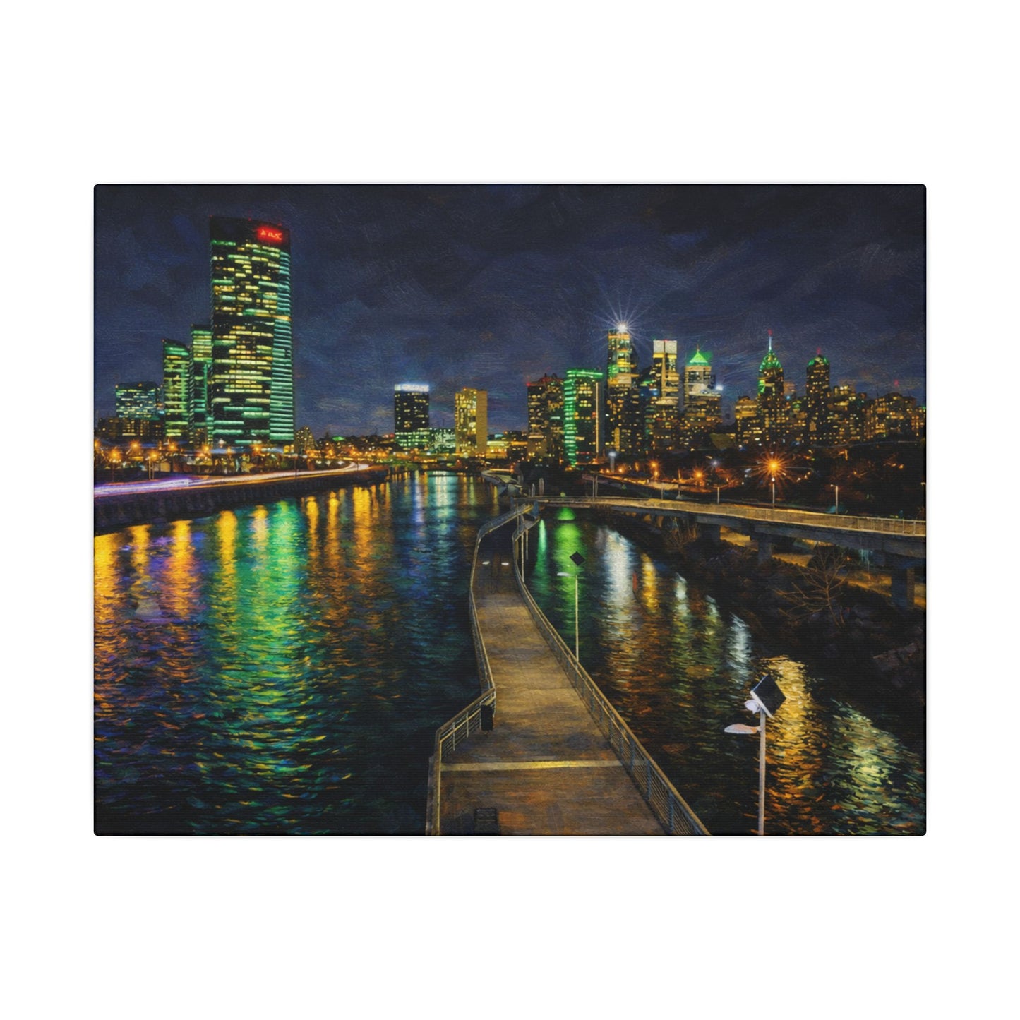 City skyline at night with illuminated buildings reflected in a river, viewed from a wooden pier.
