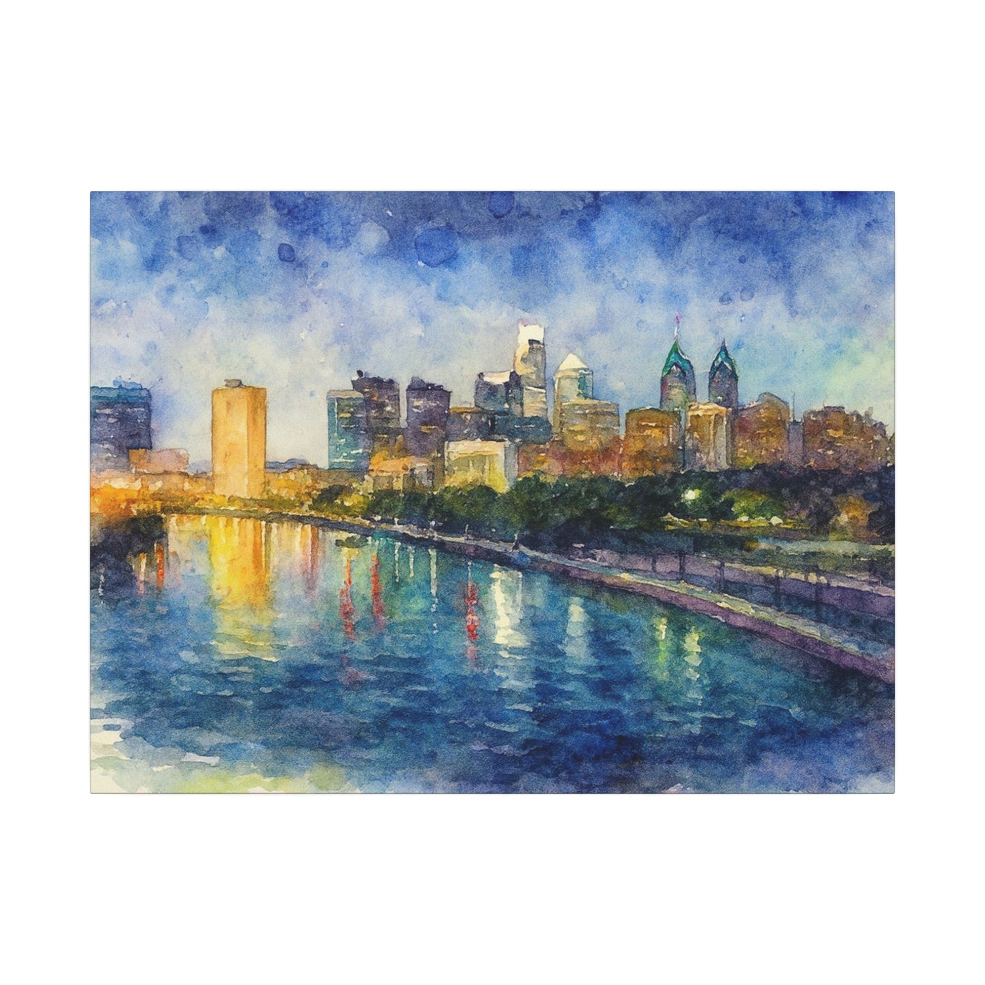 City skyline reflected in water with a colorful sky