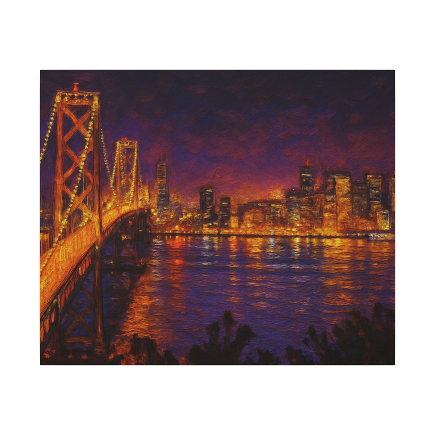 Cityscape with a bridge at night, illuminated by lights.