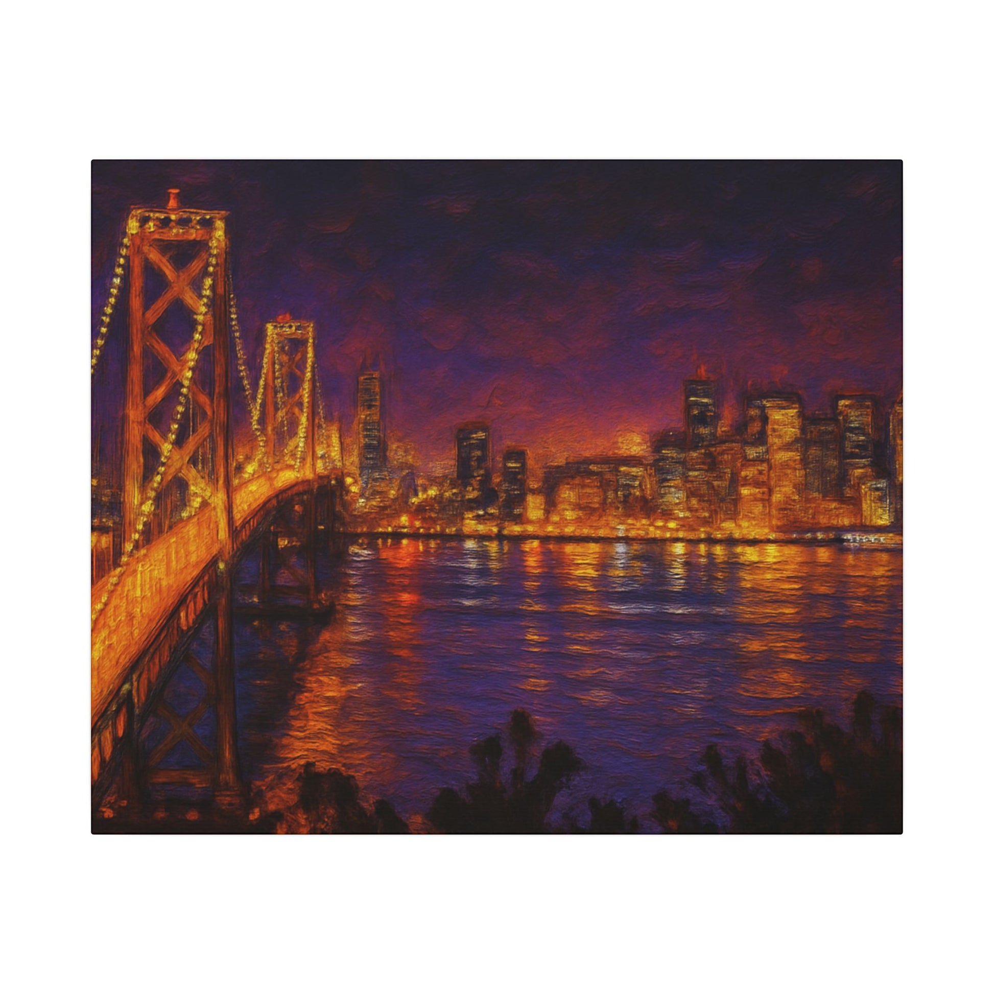 Cityscape with a bridge at night, illuminated by lights.