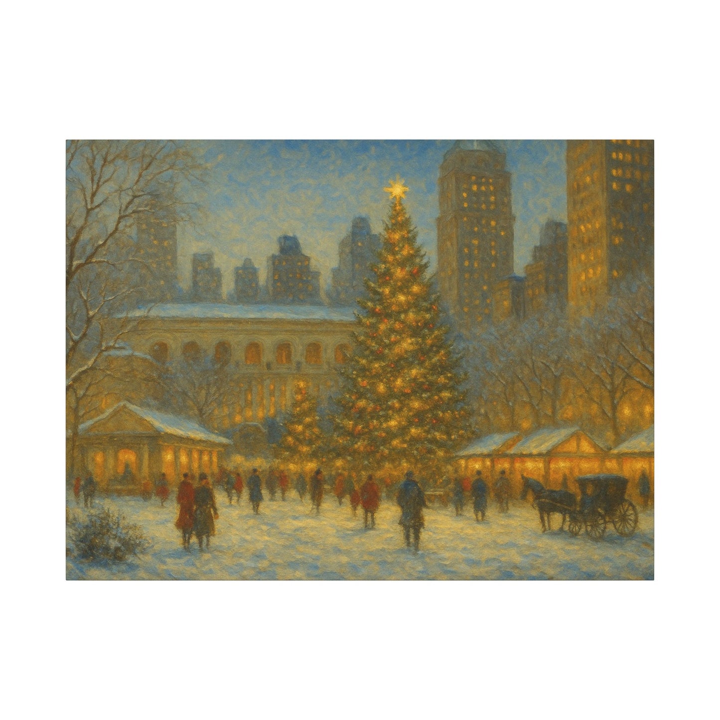 Winter scene with a large lit Christmas tree in an urban setting
