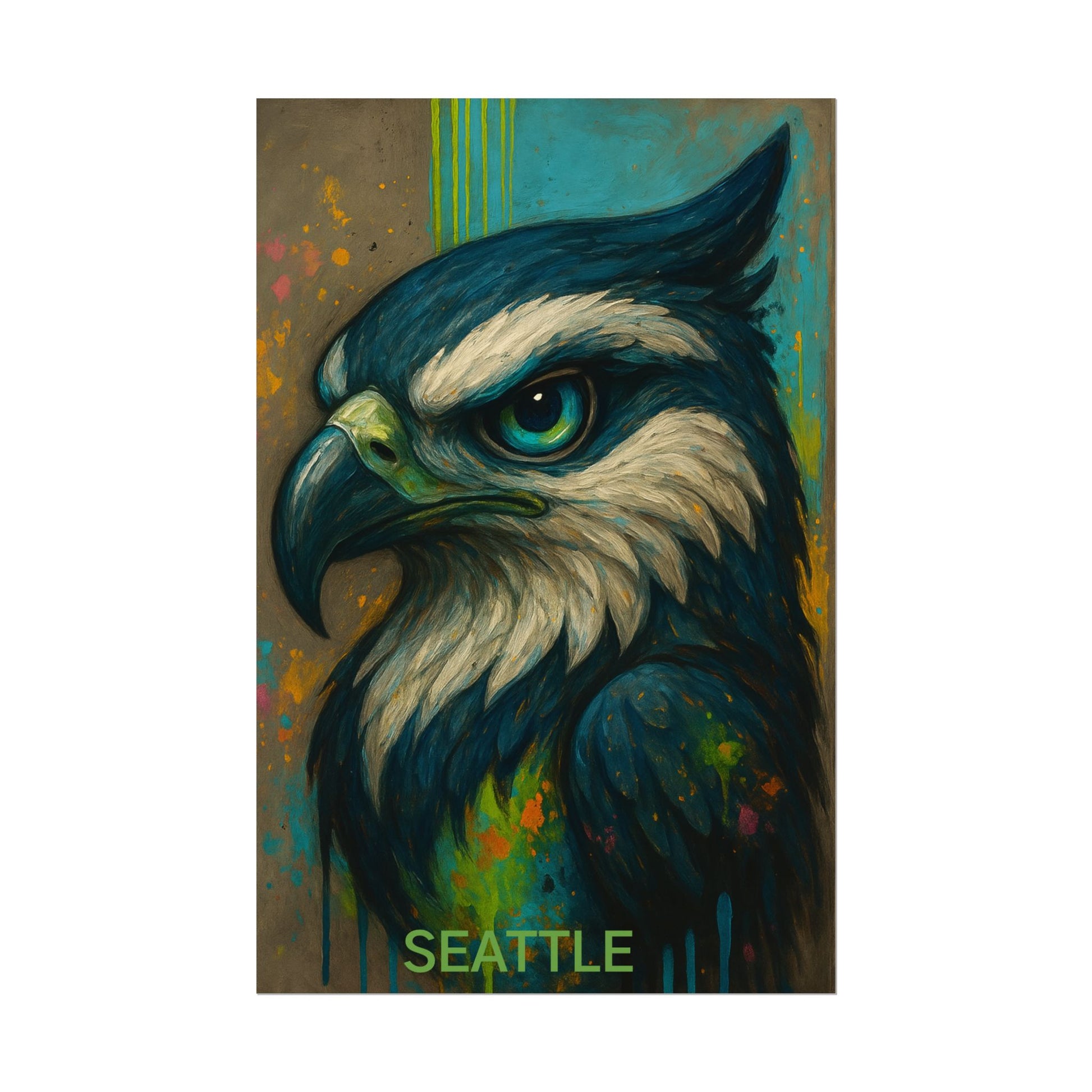Artistic depiction of an eagle with a colorful background and 'Seattle' text.