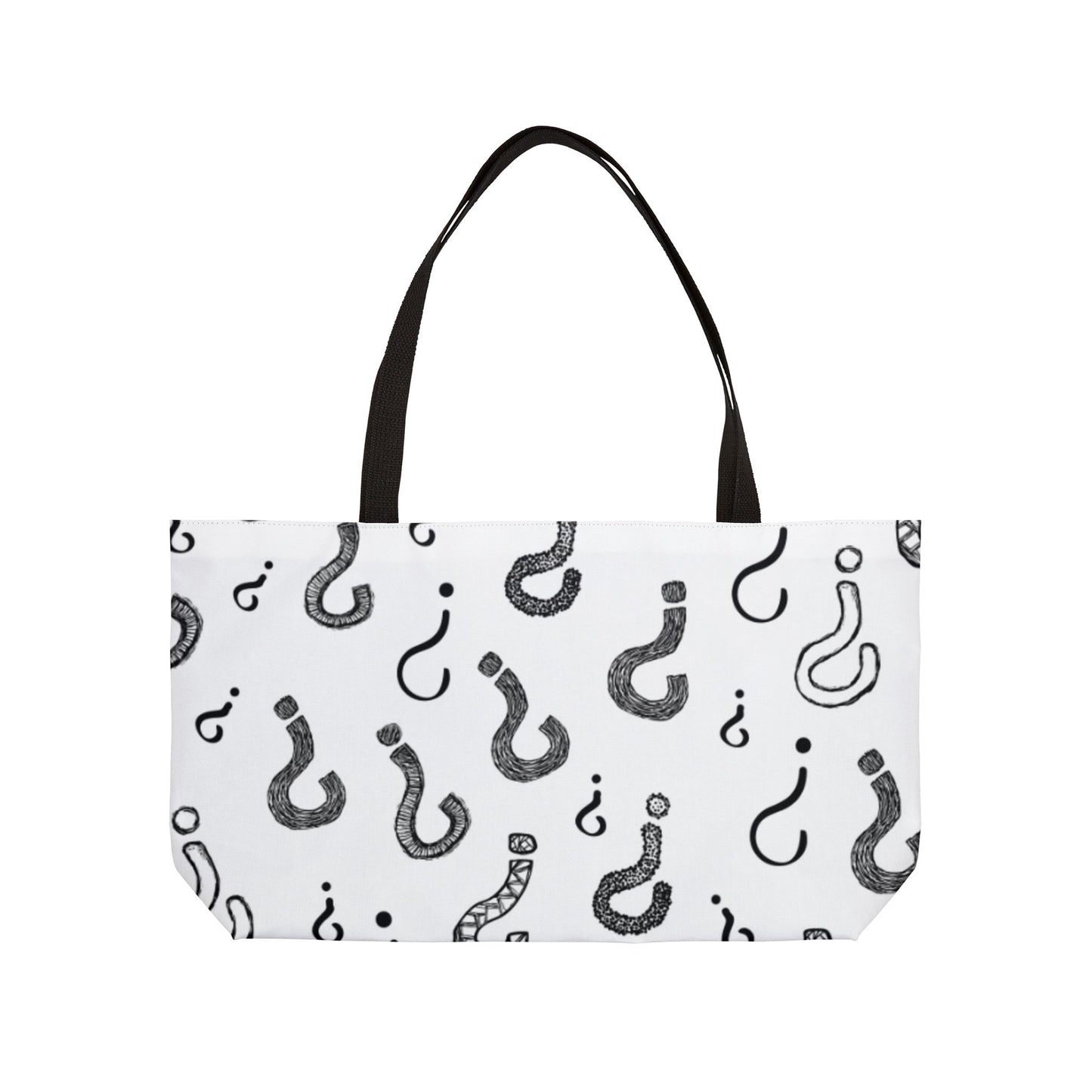 Tote bag with black question mark pattern on a white background
