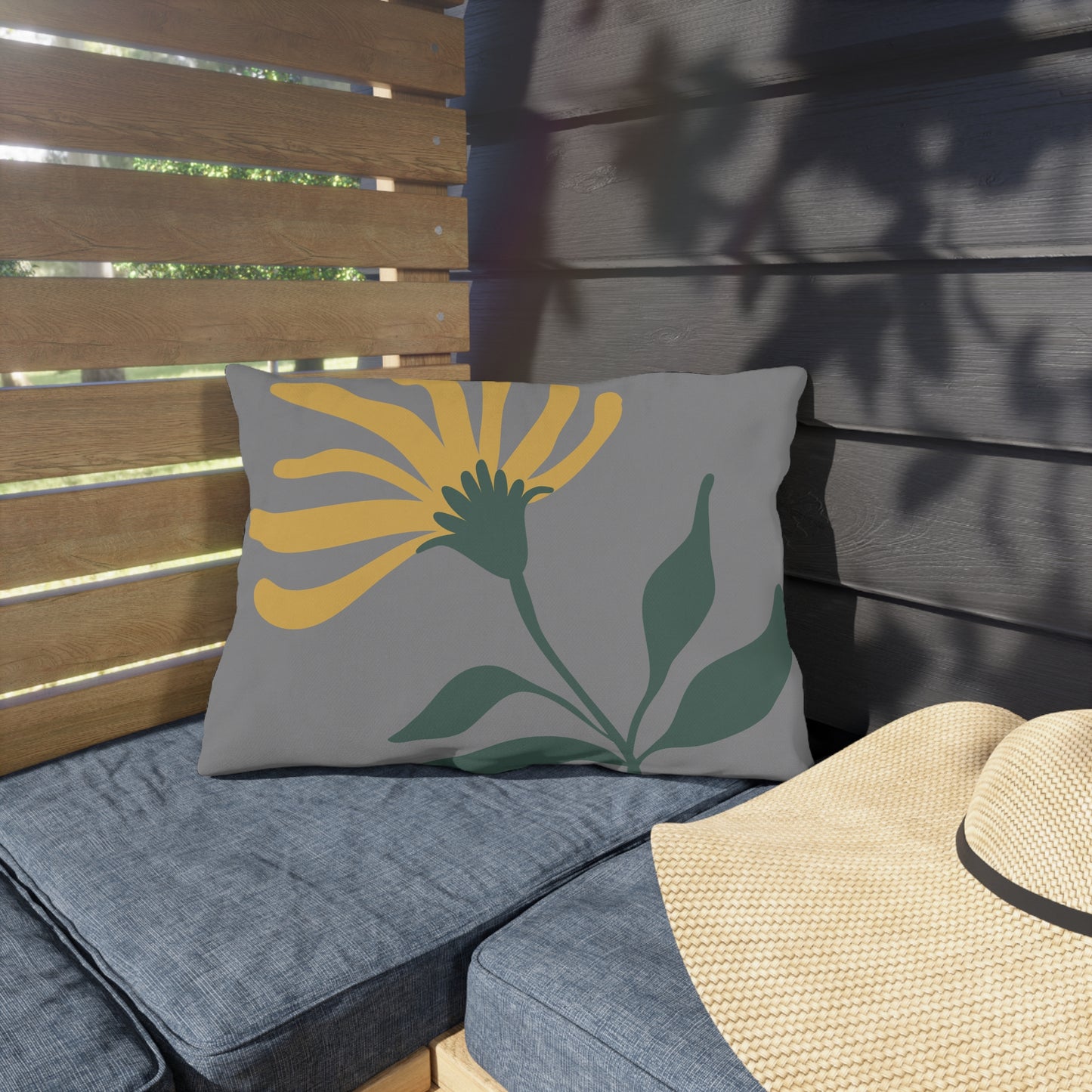 Yellow Flower Outdoor Throw Pillow | Gray Floral Patio Cushion