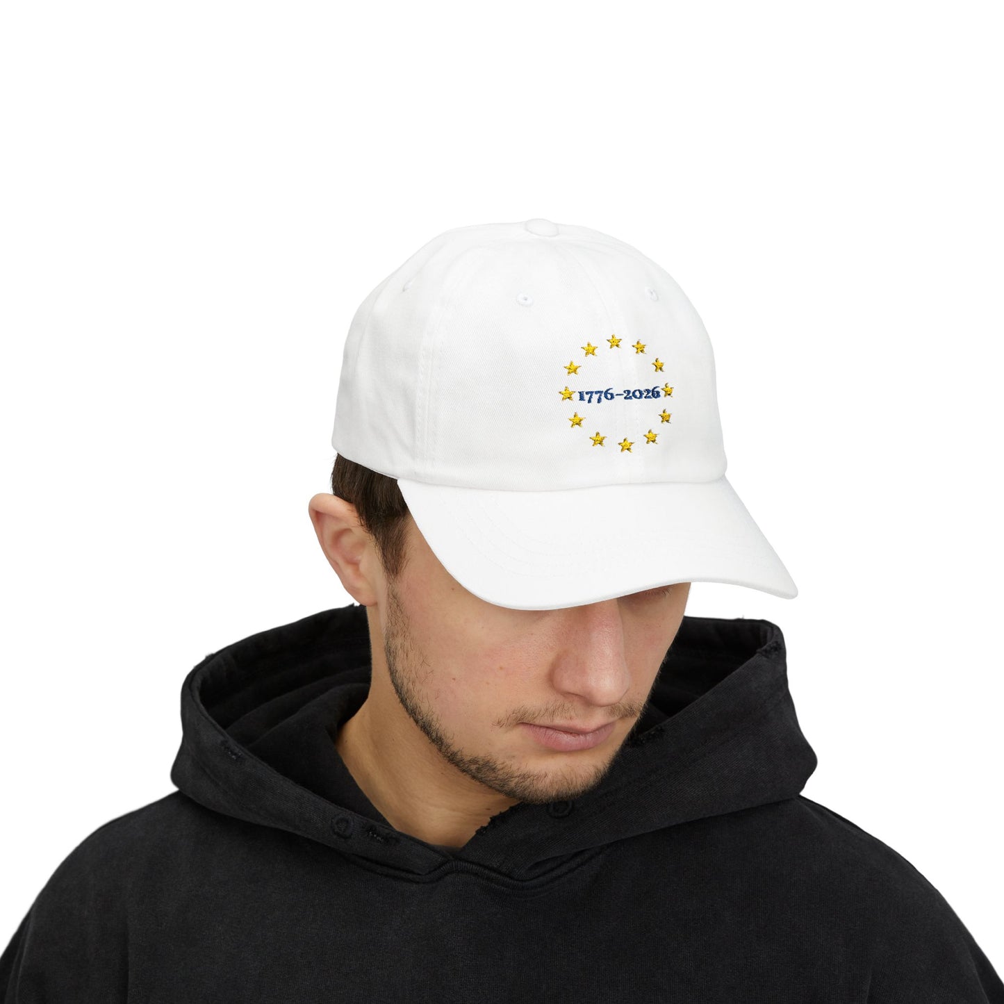 Person wearing a white cap with a logo on a white background