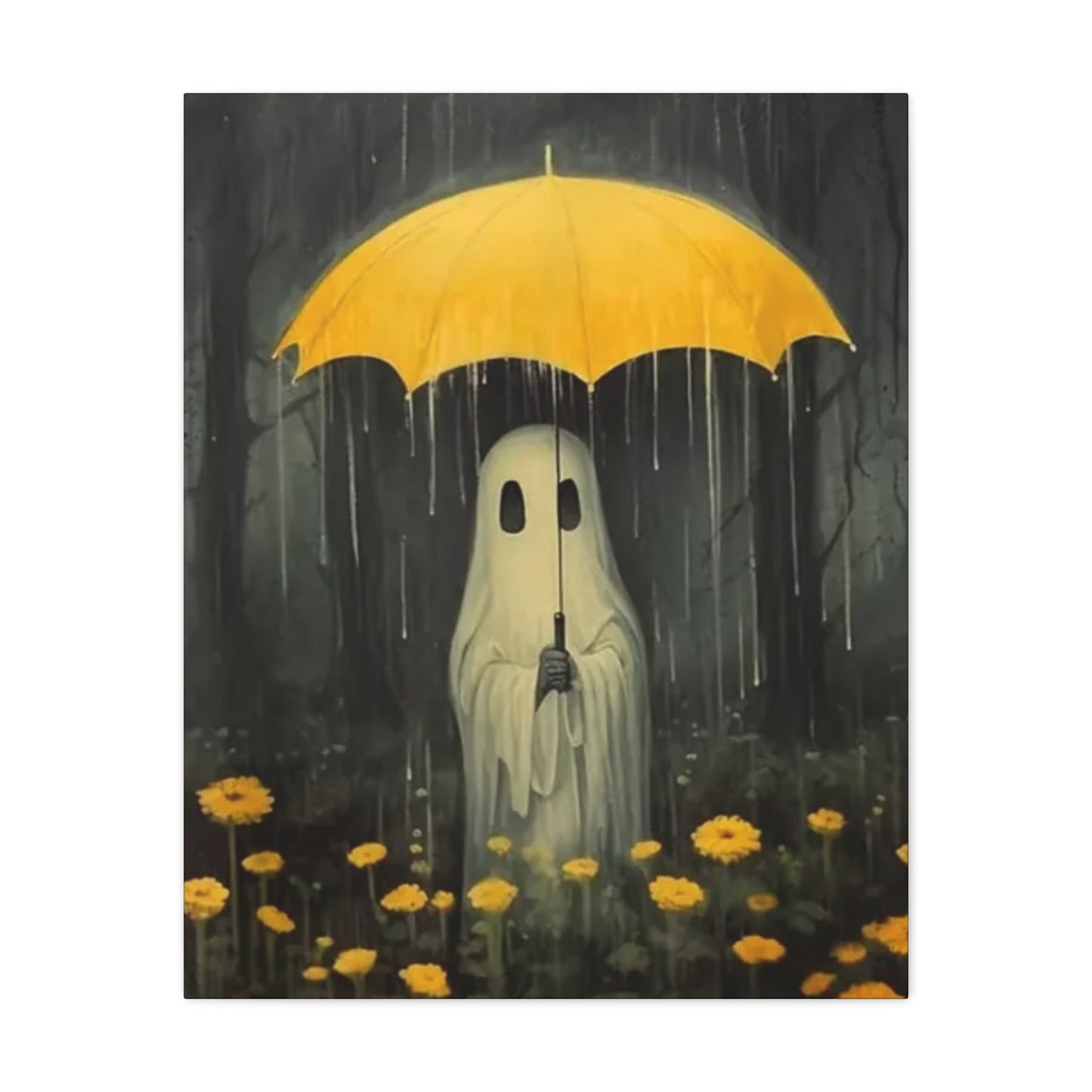 Ghost holding a yellow umbrella in a rain-soaked field of yellow flowers