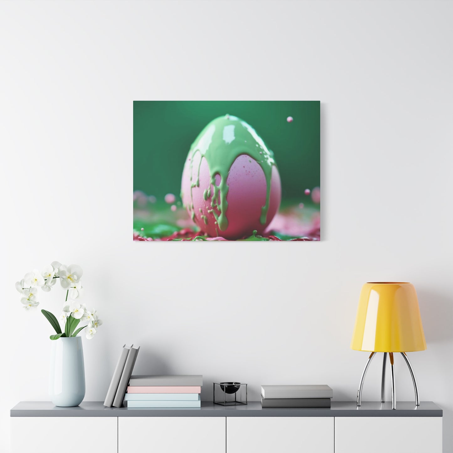 Canvas Wall or Mantle Art Pink Easter Egg with Green Paint Spring Home Decor