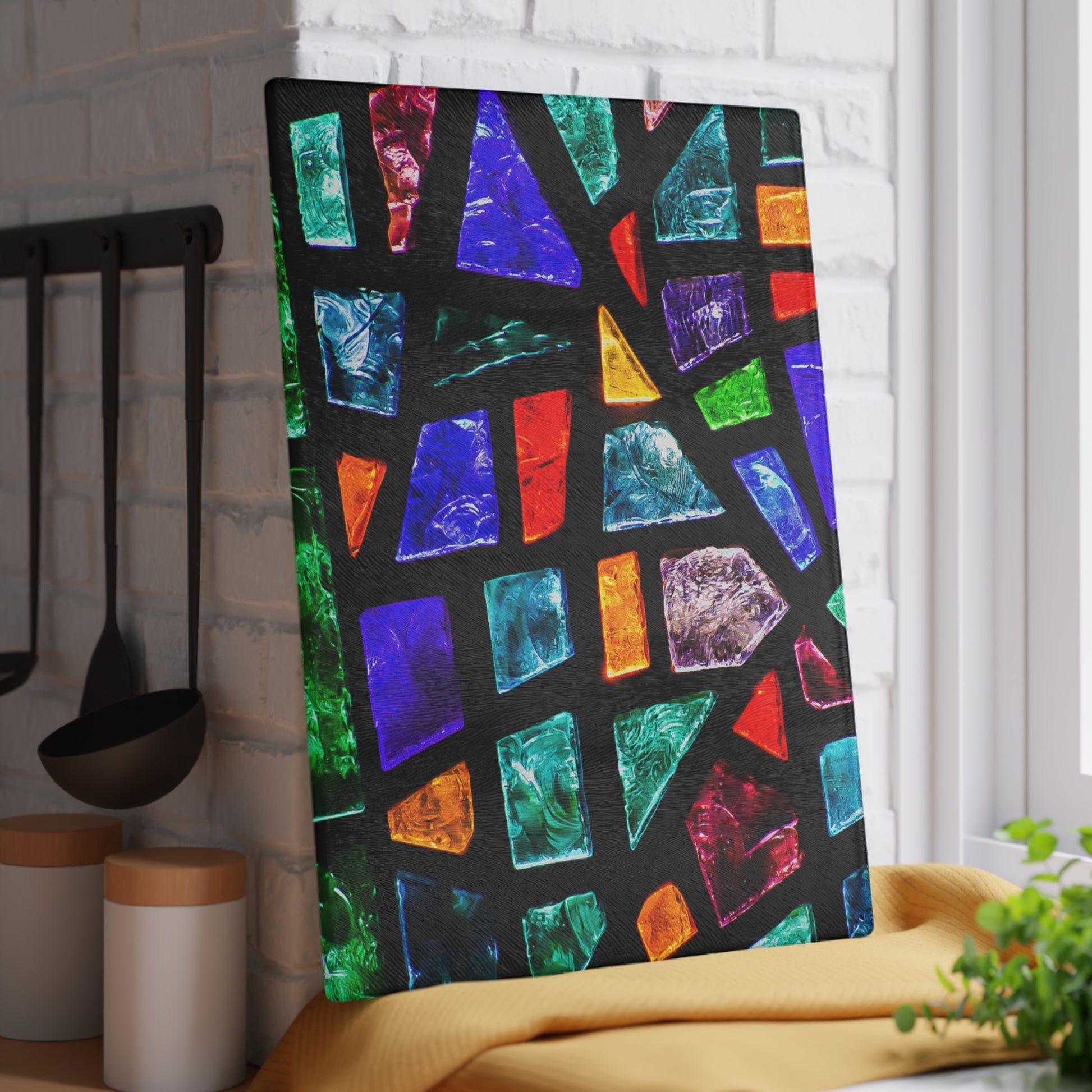 Colorful geometric patterned wall art in a kitchen setting