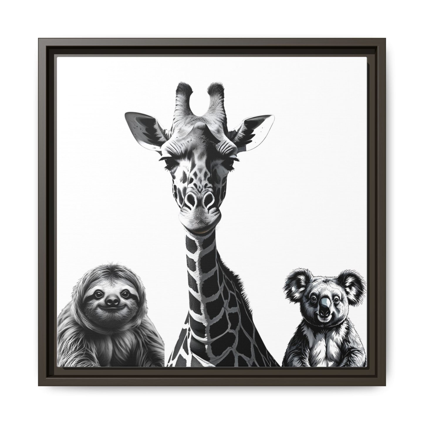 framed playful animal giraffe, sloth, koala print