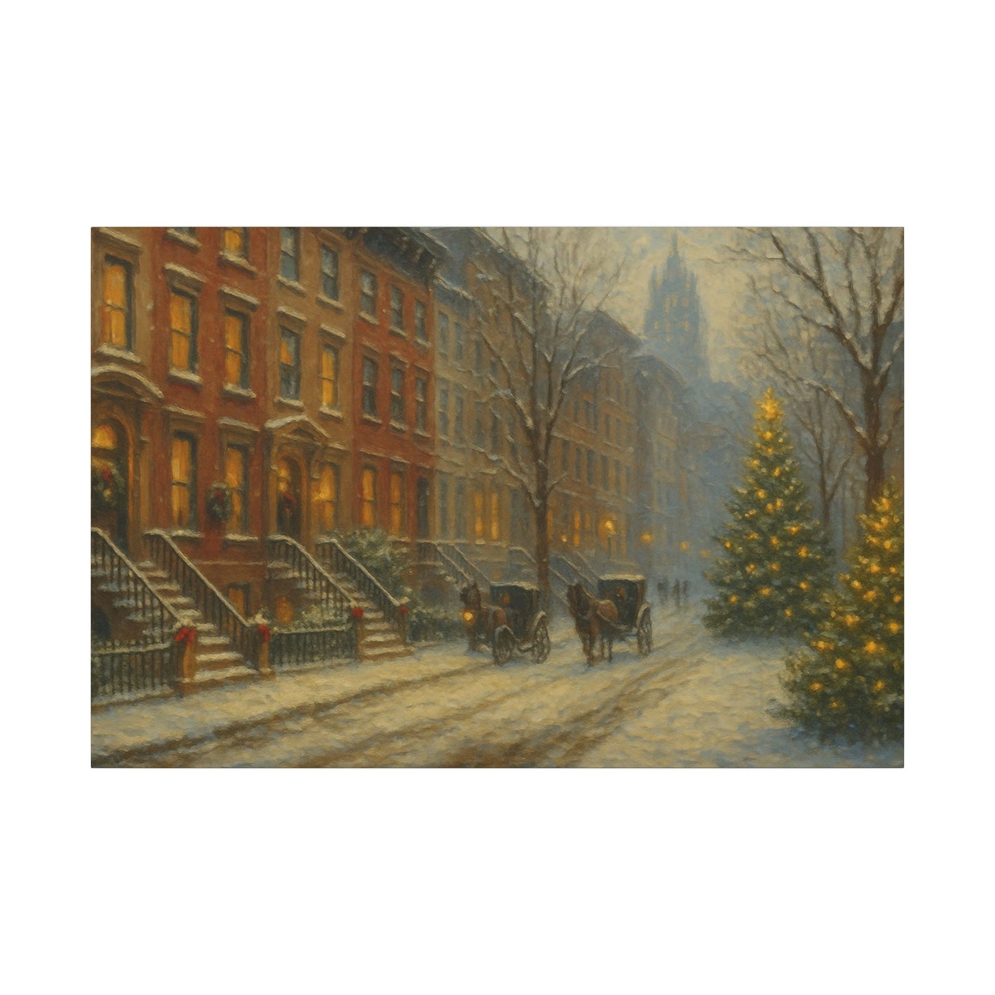 Vintage-style painting of a snowy street scene with horse-drawn carriages and a Christmas tree.