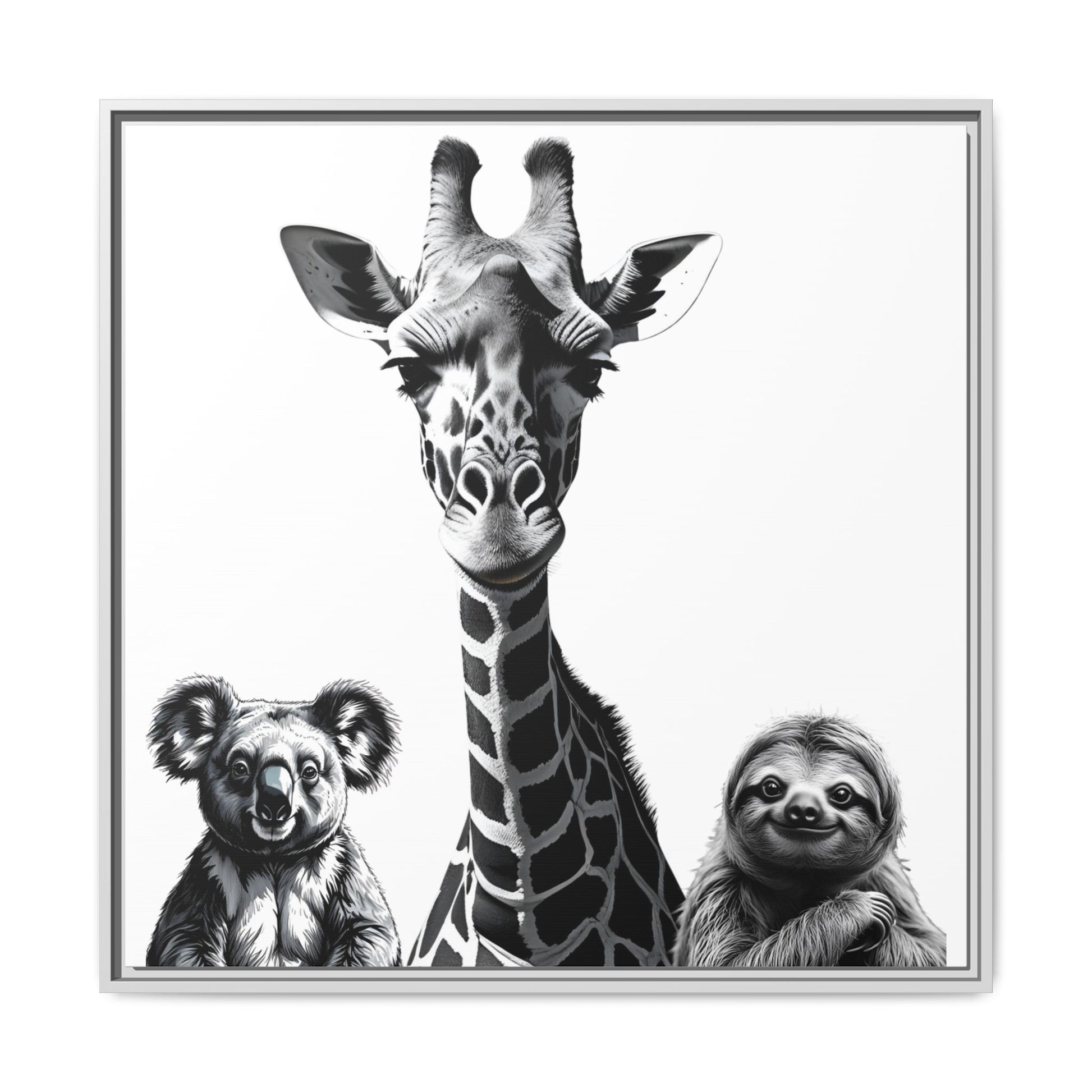 Framed artwork of a giraffe, koala, and sloth together.