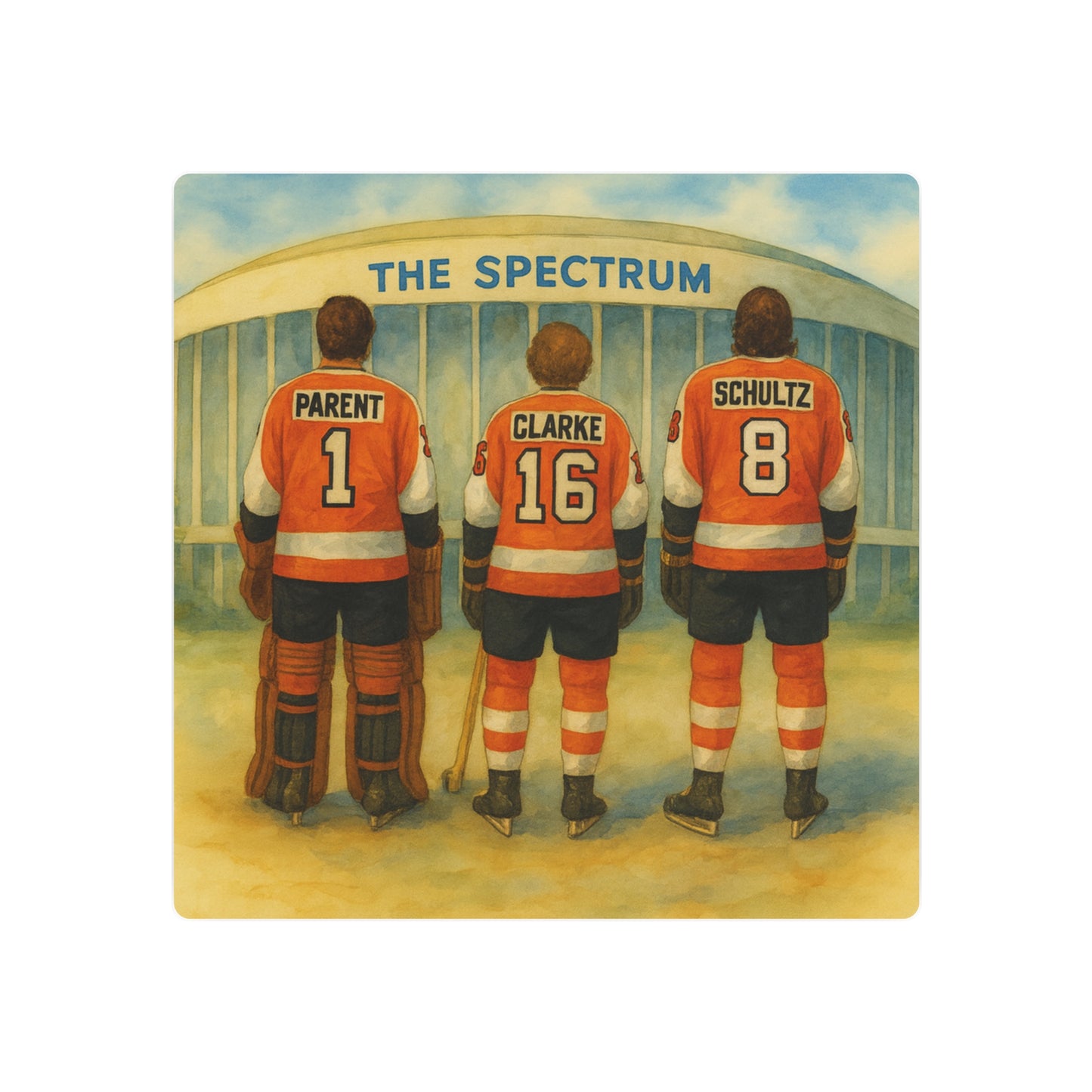 Philadelphia sports legend hockey players in orange jerseys standing in front of 'The Spectrum' arena.