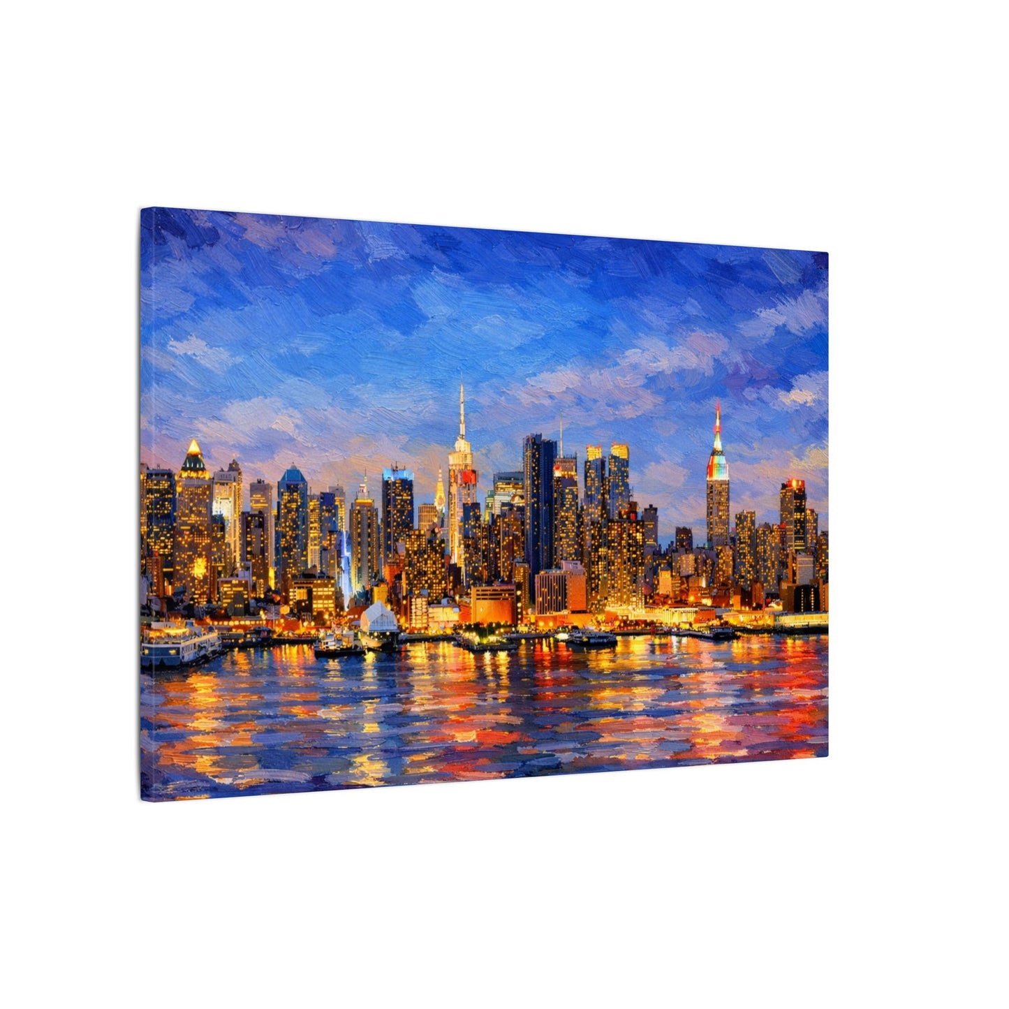 New York City Skyline Canvas Wall Art – Night Waterfront Impasto Cityscape Painting