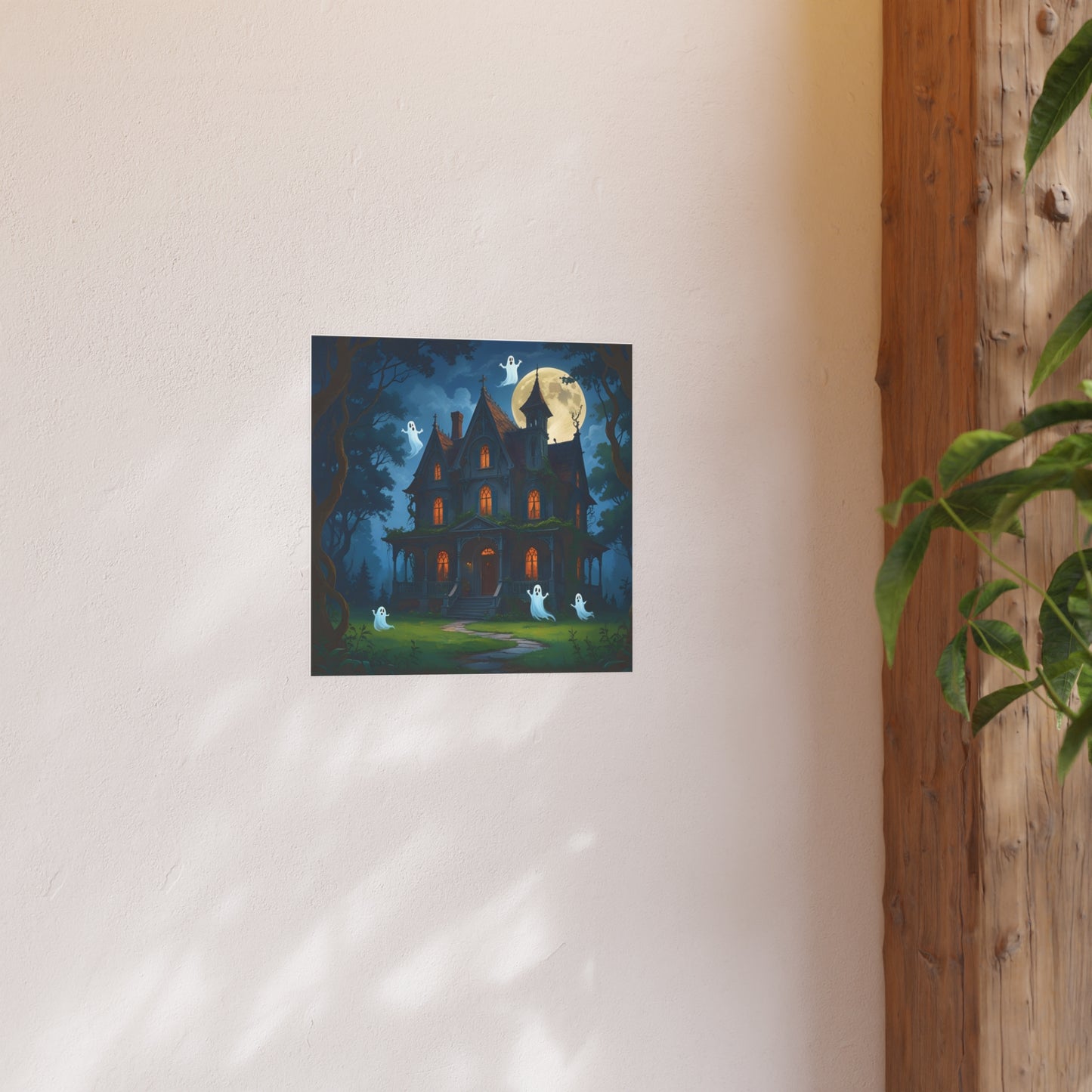 Haunted House Ghosts Poster — Friendly Ghosts Floating Around a Haunted House