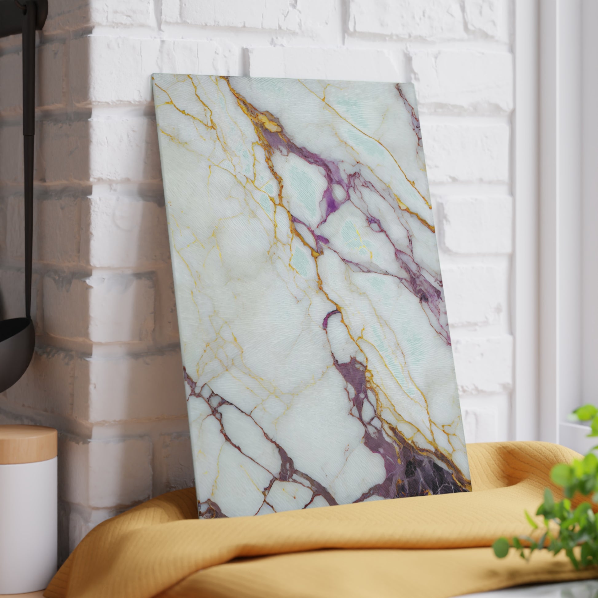 Marble-patterned decorative panel against a white brick wall.