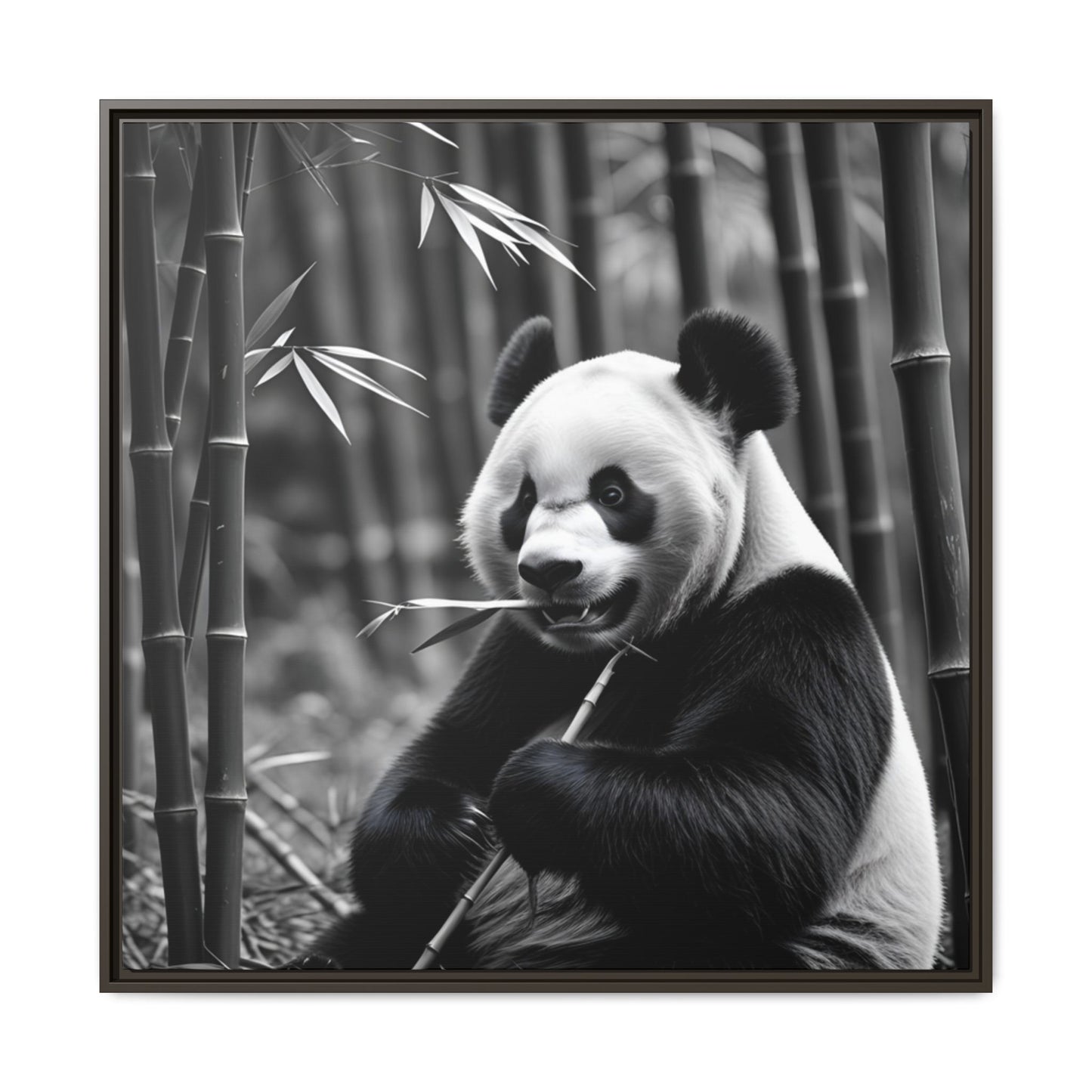 Black and white photo of a panda bear holding bamboo in a forest setting
