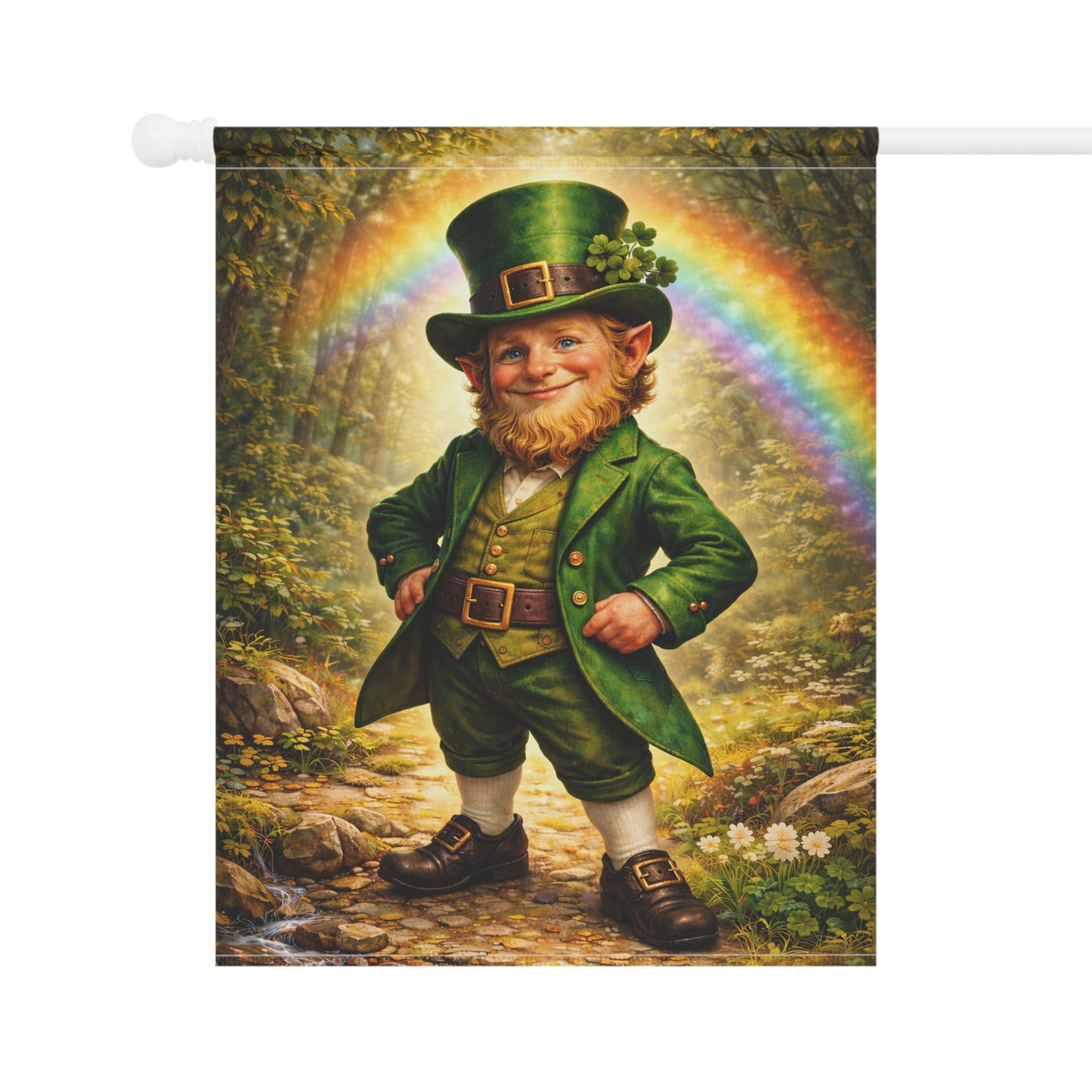 St. Patrick’s Day Leprechaun Garden Flag with Rainbow | Irish Lucky Leprechaun Yard Flag | Shamrock Spring Outdoor Decor