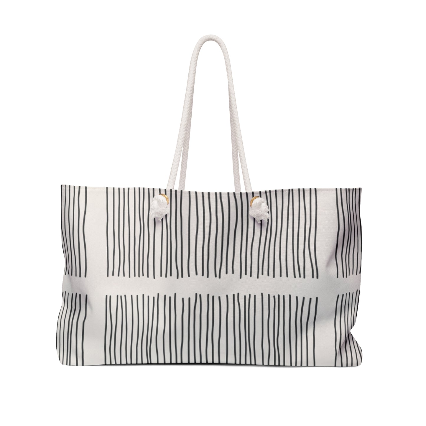 Striped tote bag with white handles on a white background