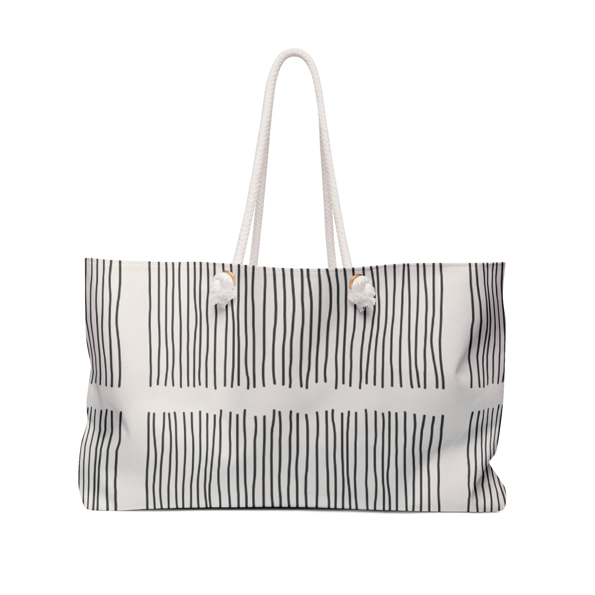 Striped tote bag with white handles on a white background