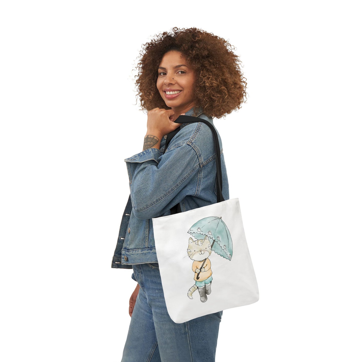 Cat Lover Tote Bag Cute Kitty with Umbrella Rain Boots Cat Lover Eco Tote Bag