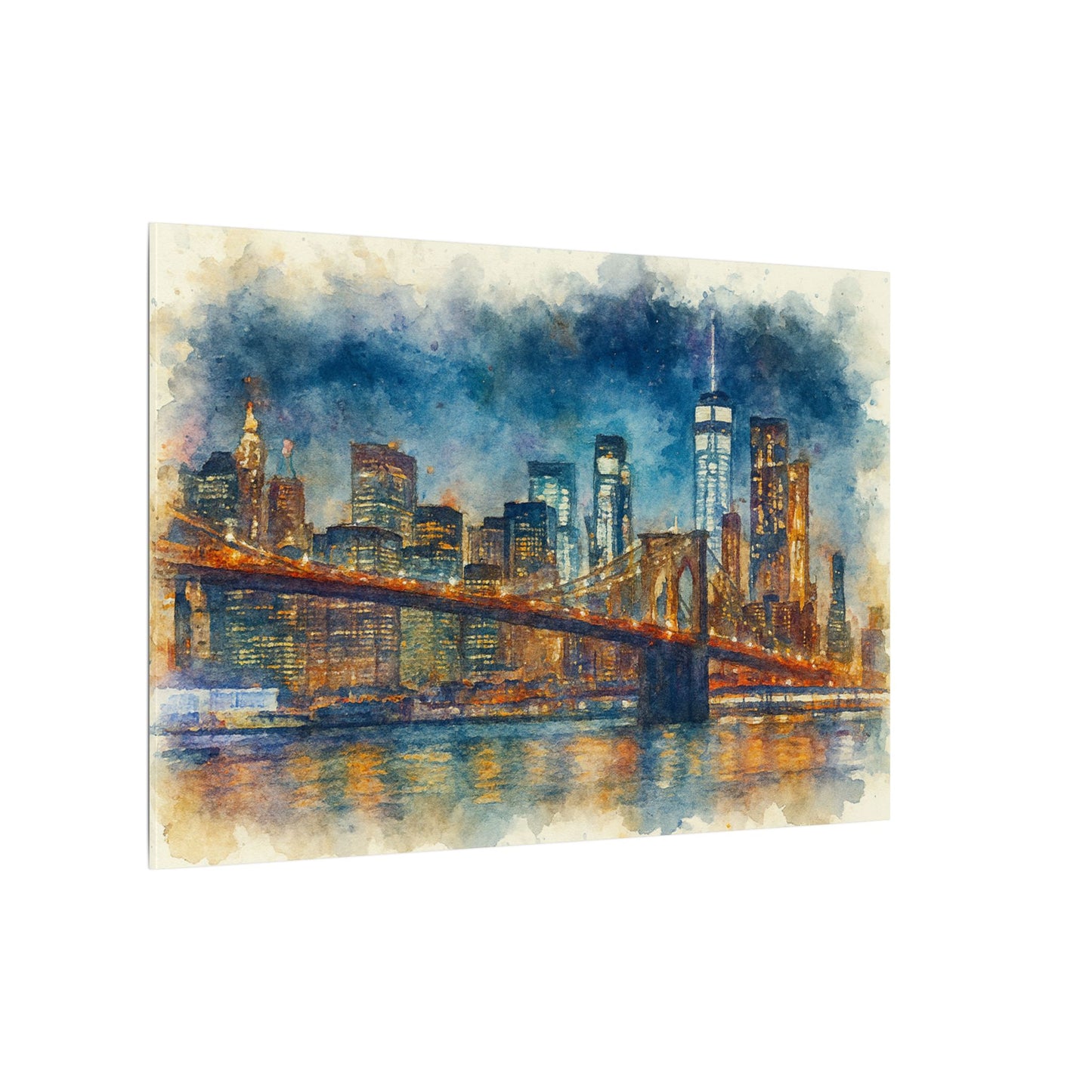 NYC Skyline Watercolor Art Print, Brooklyn Bridge Night Painting, New York City Wall Decor, Skyline Canvas Print, Urban Landscape