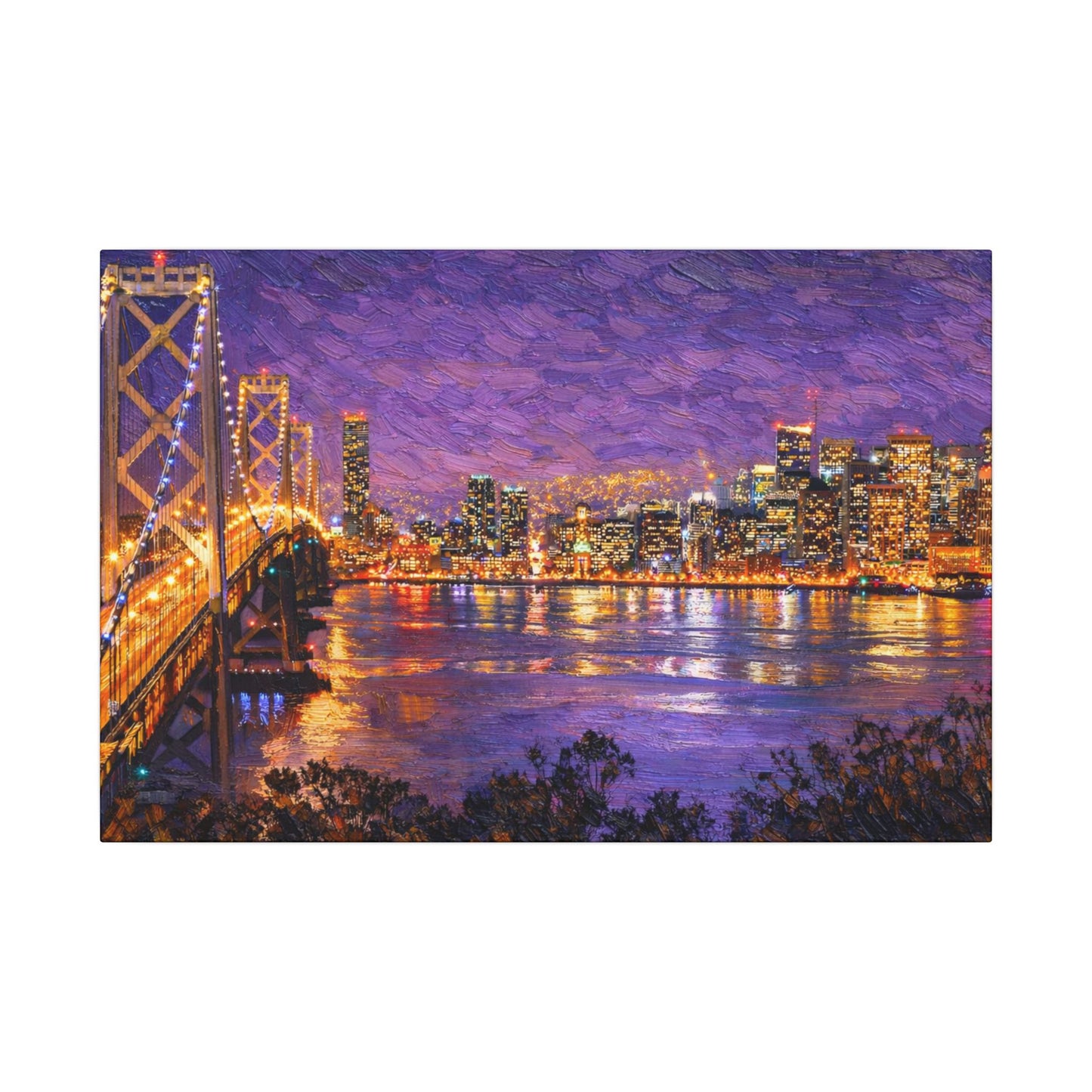 San Francisco Skyline Canvas Wall Art, Bay Bridge Night Painting, Impasto Style Artwork