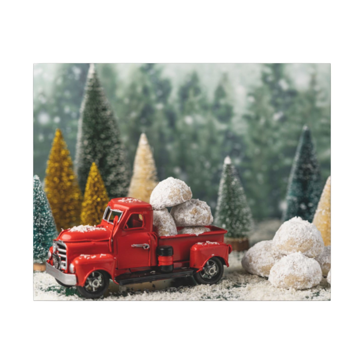 Red toy truck with pinecones in a snowy forest setting