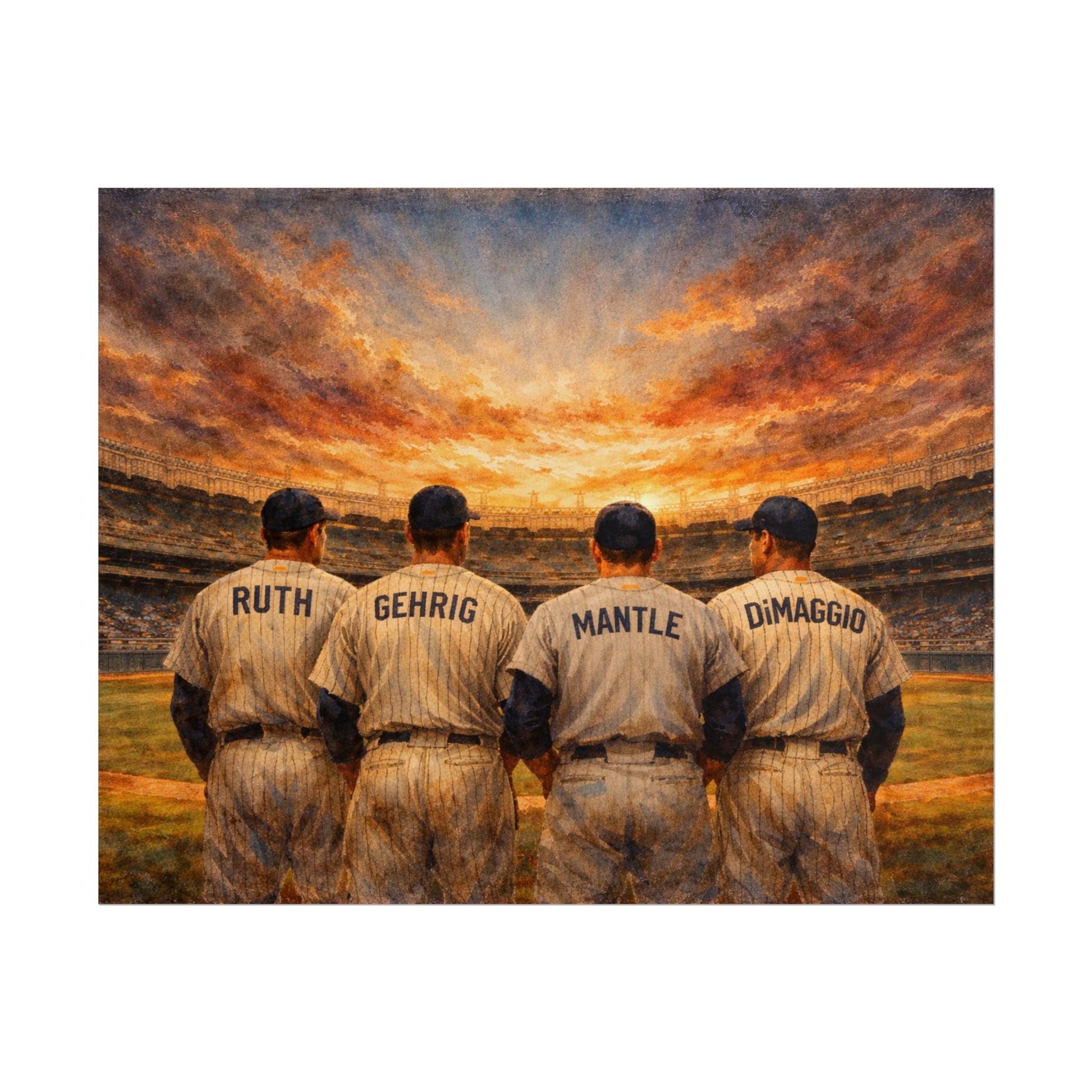 New York sports legends in vintage uniforms facing a sunset at a stadium.
