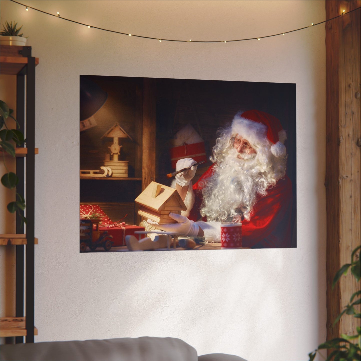 Santa's Workshop Poster, Christmas Wall Art of Santa Making Toys, Vintage Holiday Print, Santa Claus in Toy Shop, Festive Christmas Poster