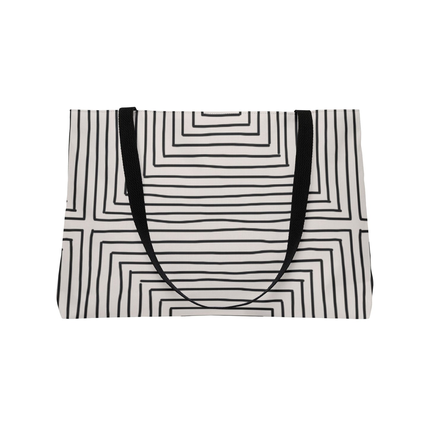 Tote bag with black and white geometric pattern on a white background