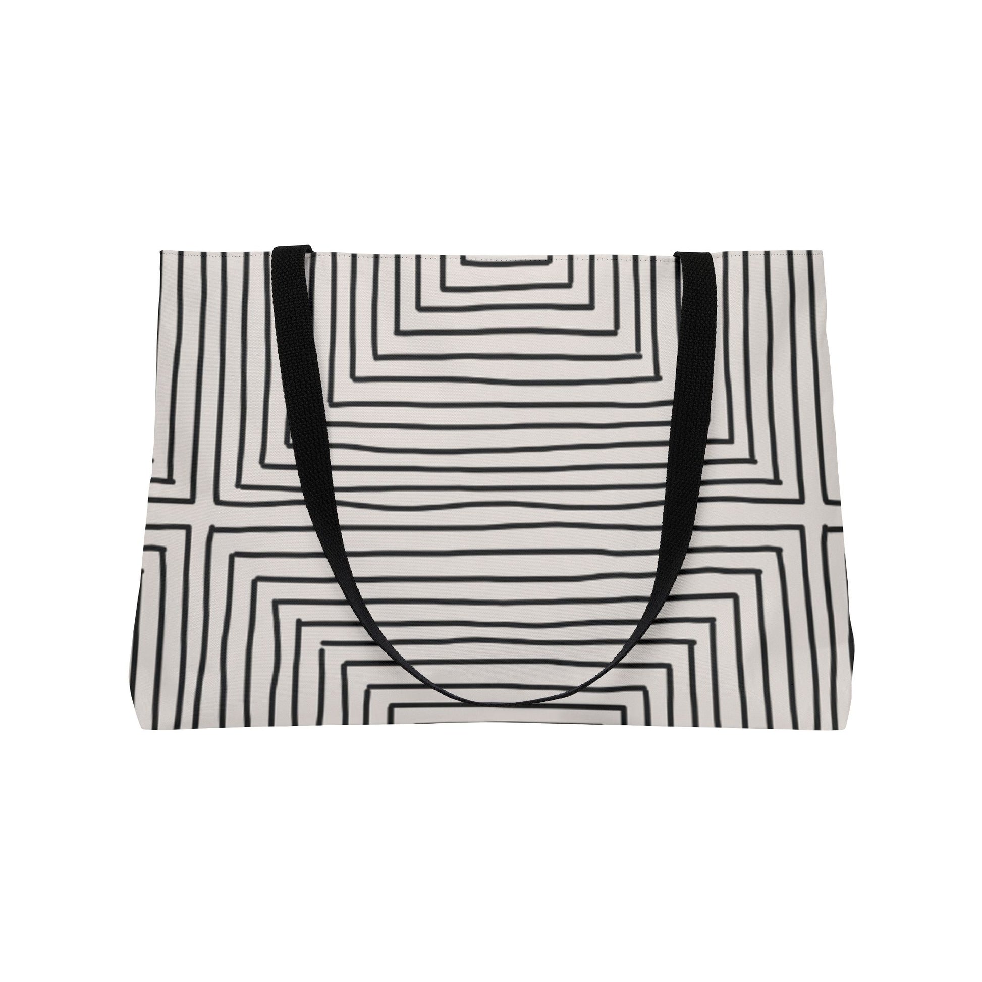 Tote bag with black and white geometric pattern on a white background