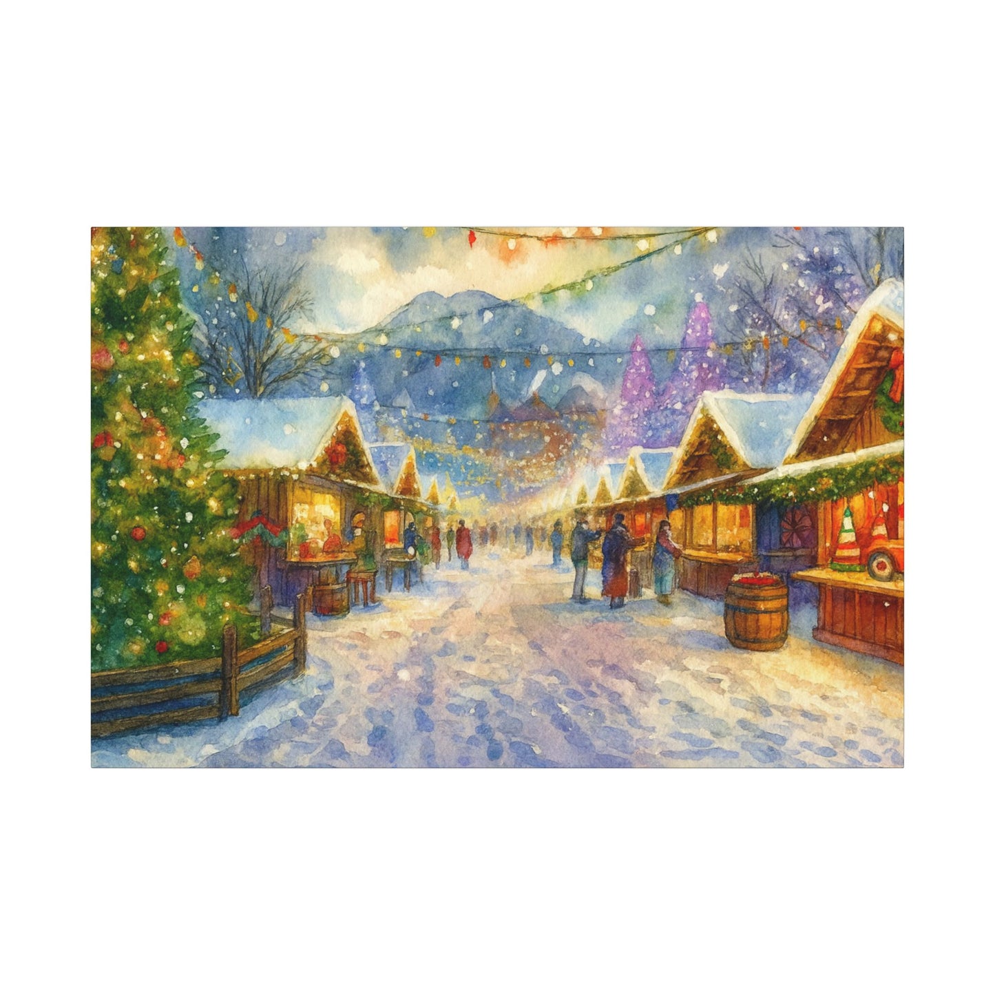 Winter scene with snowy village street, decorated stalls, and Christmas trees.