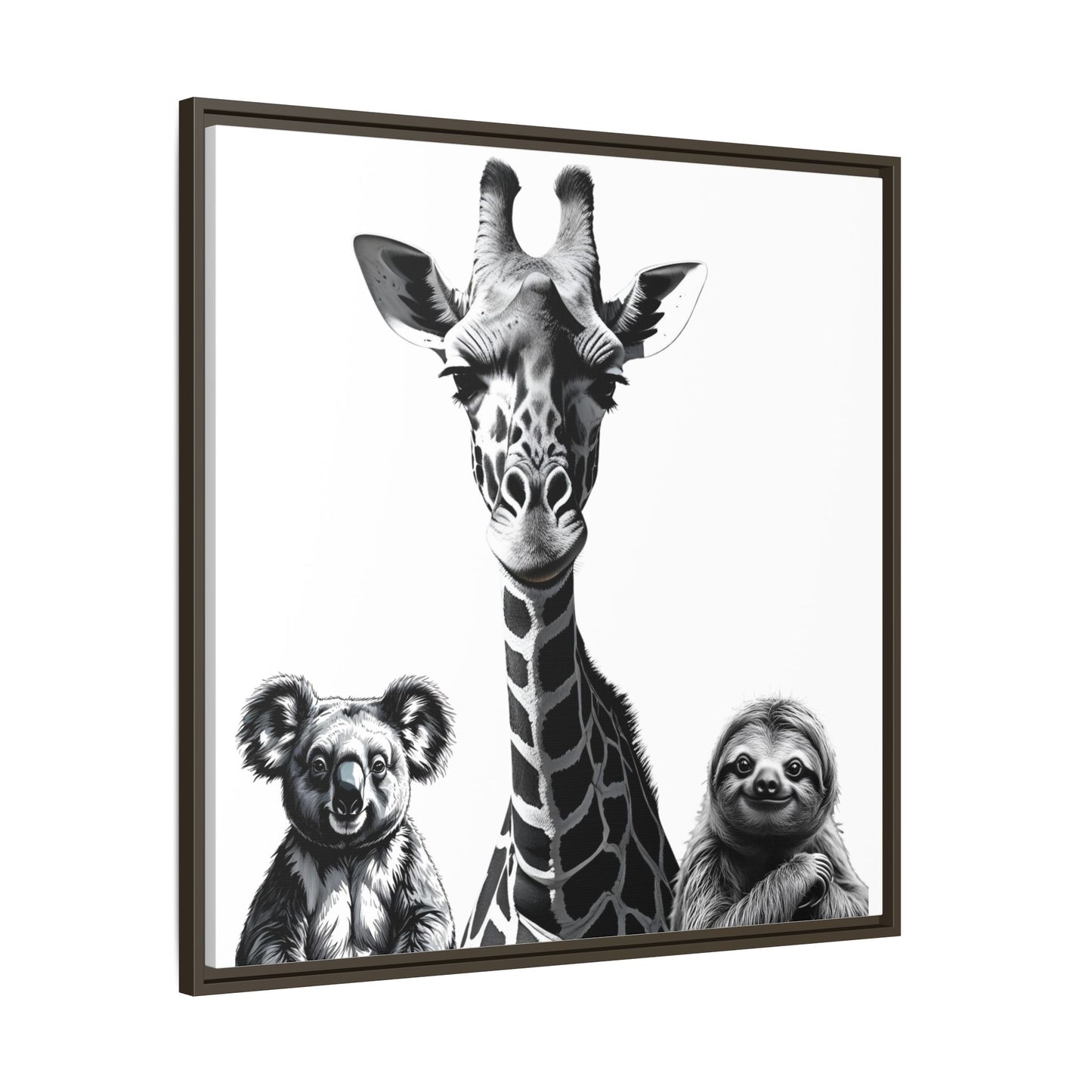 Framed artwork with a giraffe, koala, and sloth illustration on a white background