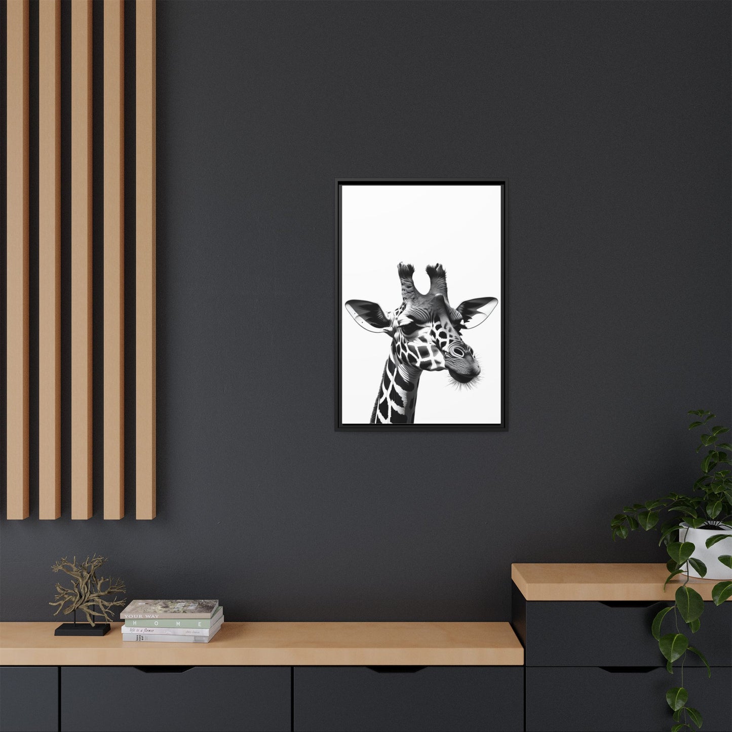 Black and White Giraffe Wall Art – Framed Safari Animal Canvas Print