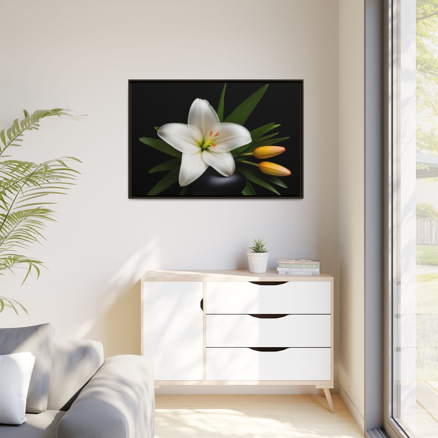 White Lily Wall Art Canvas Print Framed | Elegant Floral Wall Decor for Bedroom, Living Room, Bathroom
